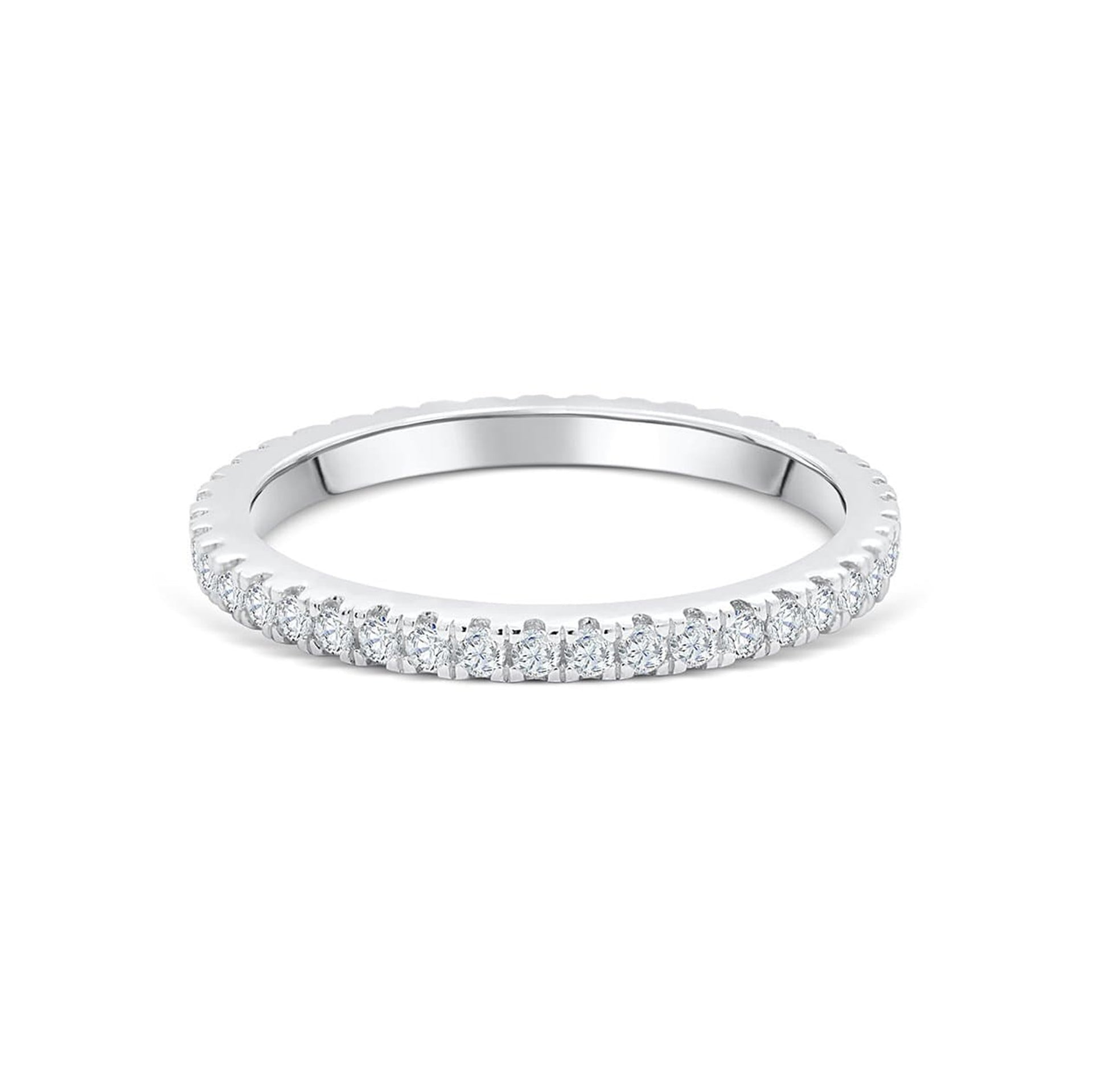 stunning eternity silver wedding band on white backdrop