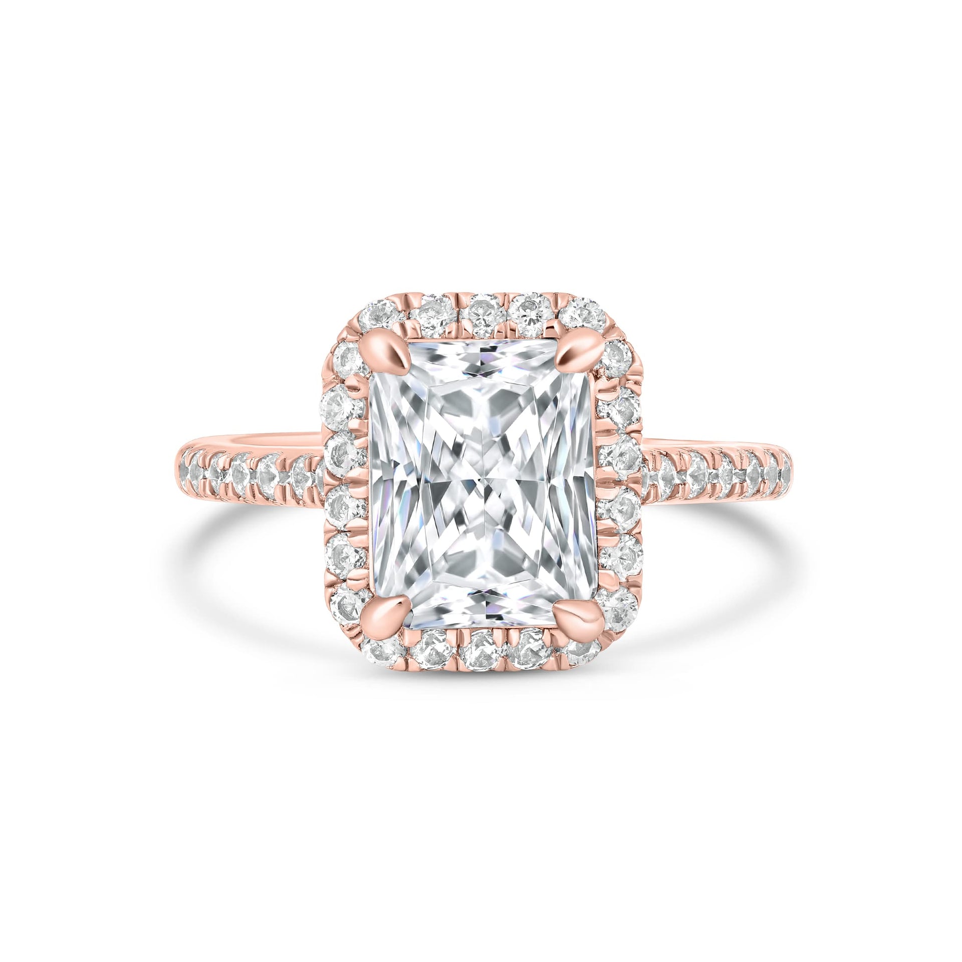 stunning radiant cut engagement ring on white background
