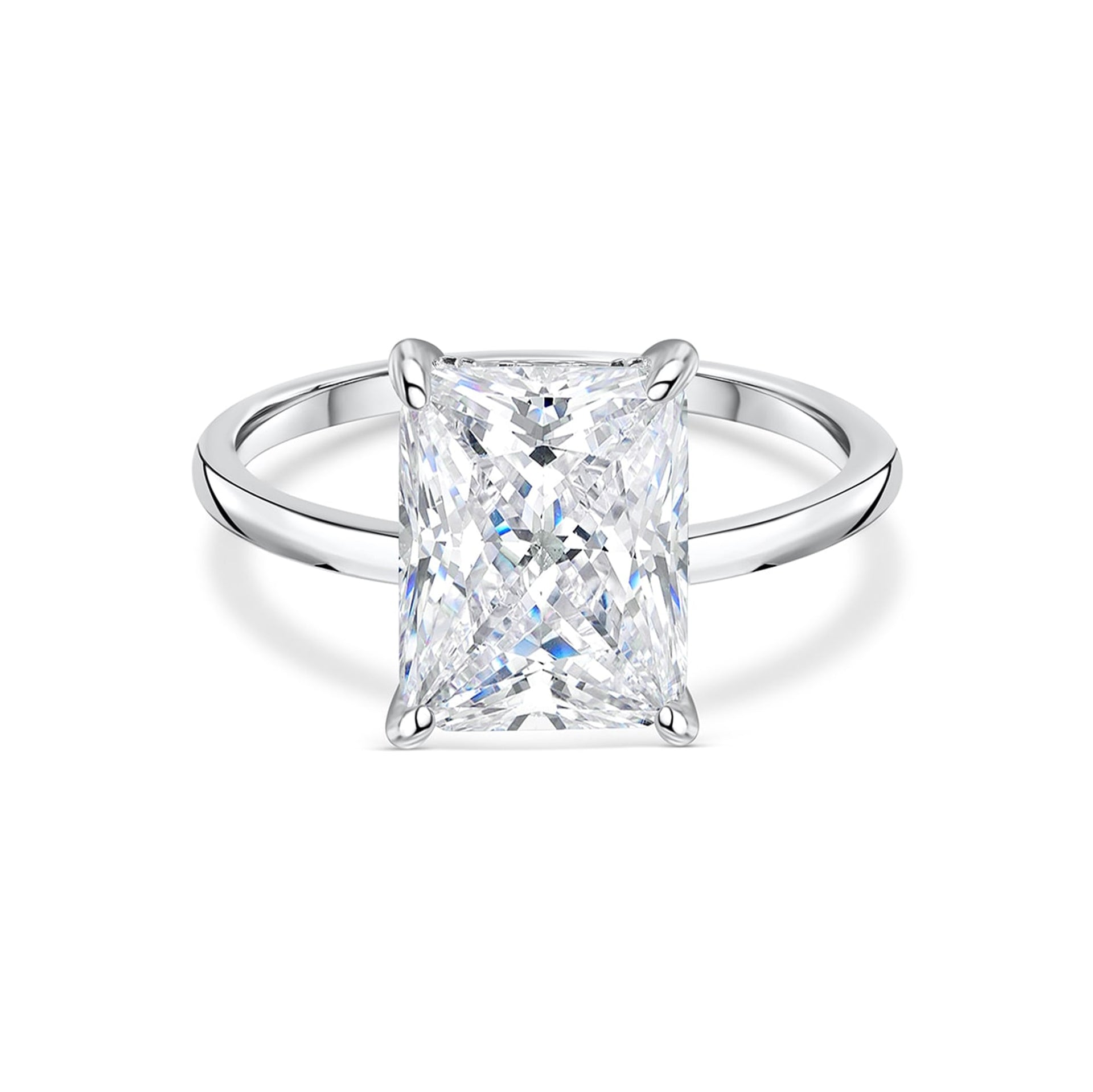 stunning radiant cut engagement ring on white background