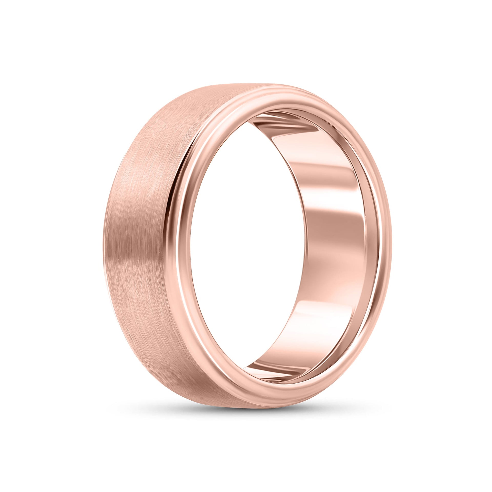 stunning rose gold mens wedding ring on white background