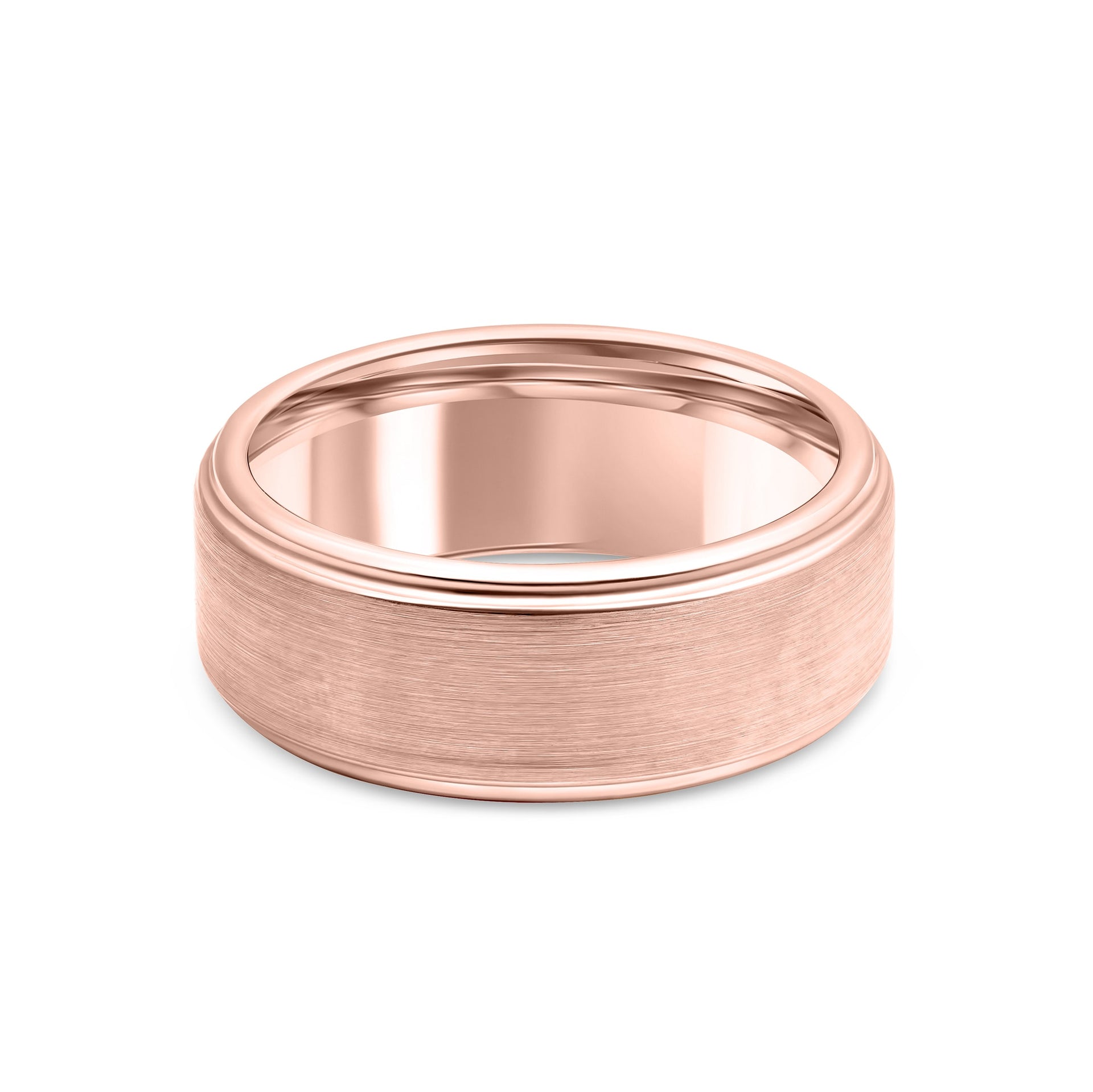 stunning rose gold mens wedding ring on white background