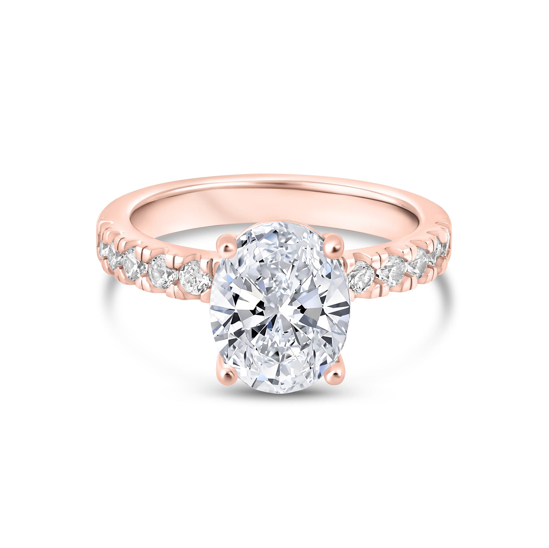 stunning rose gold oval cut engagement ring on white background