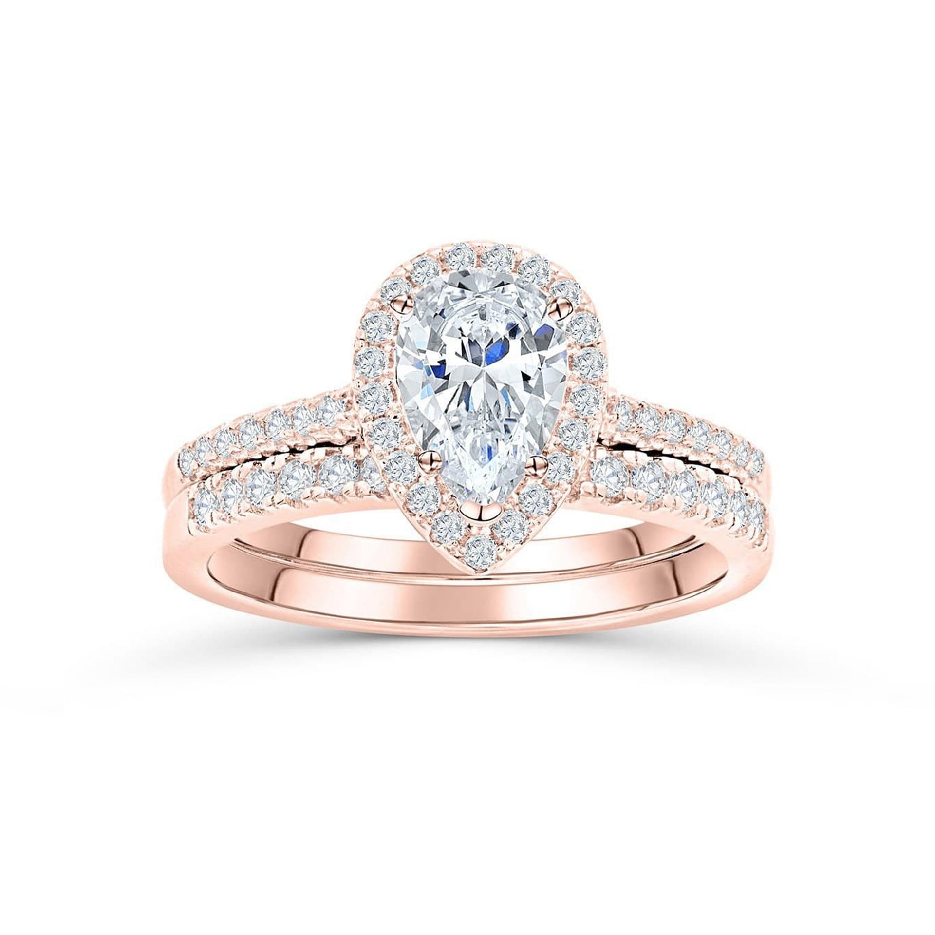 stunning gold pear shaped wedding ring set on white background