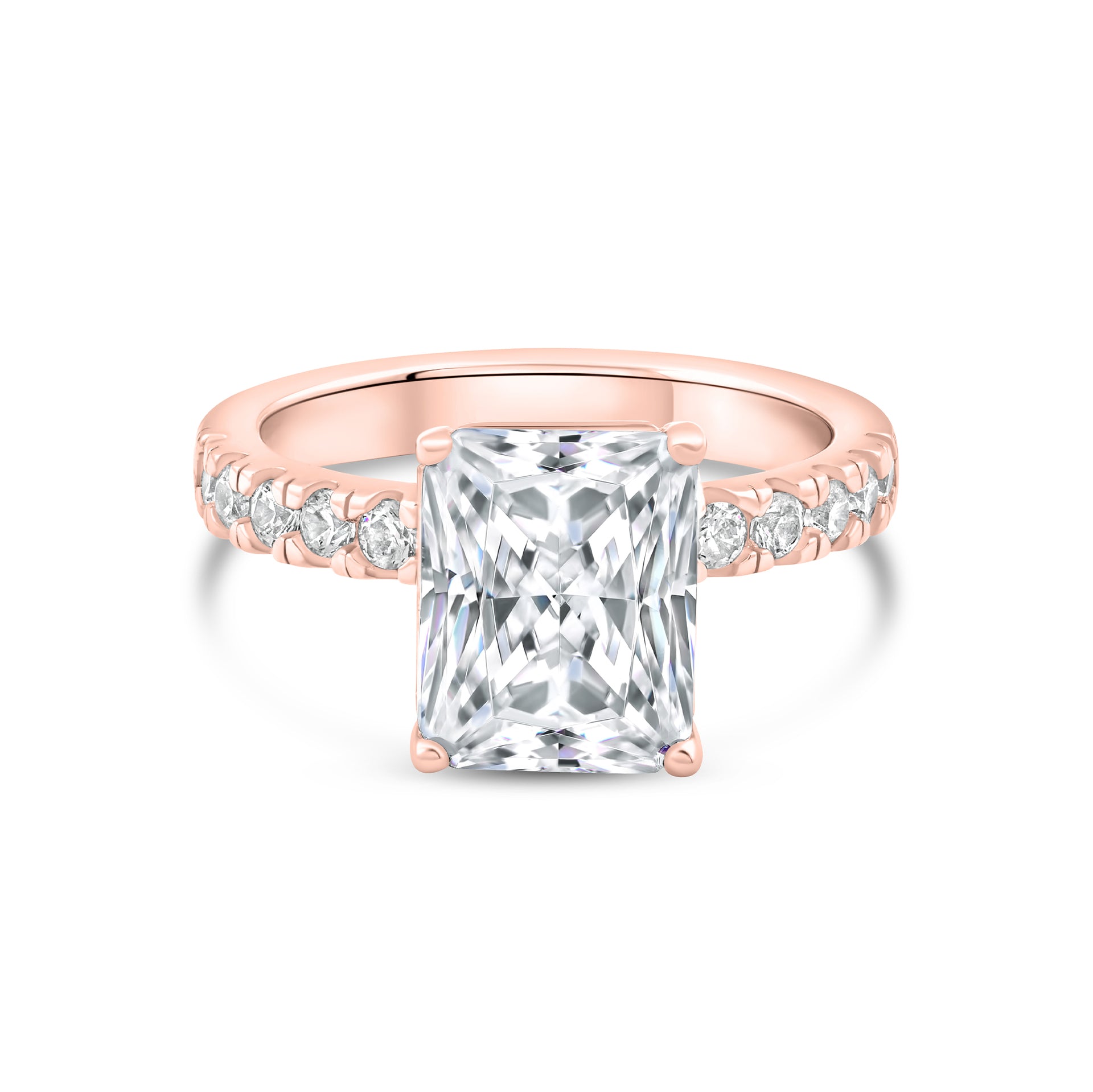 stunning radiant cut engagement ring on white background