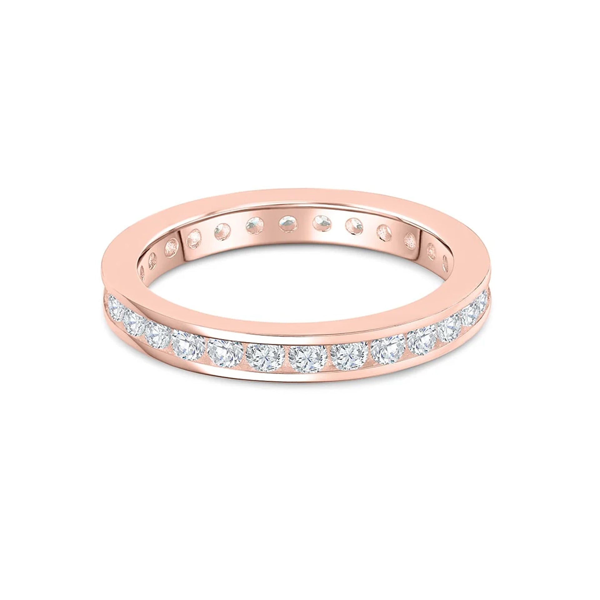 stunning rose gold eternity wedding band on white background