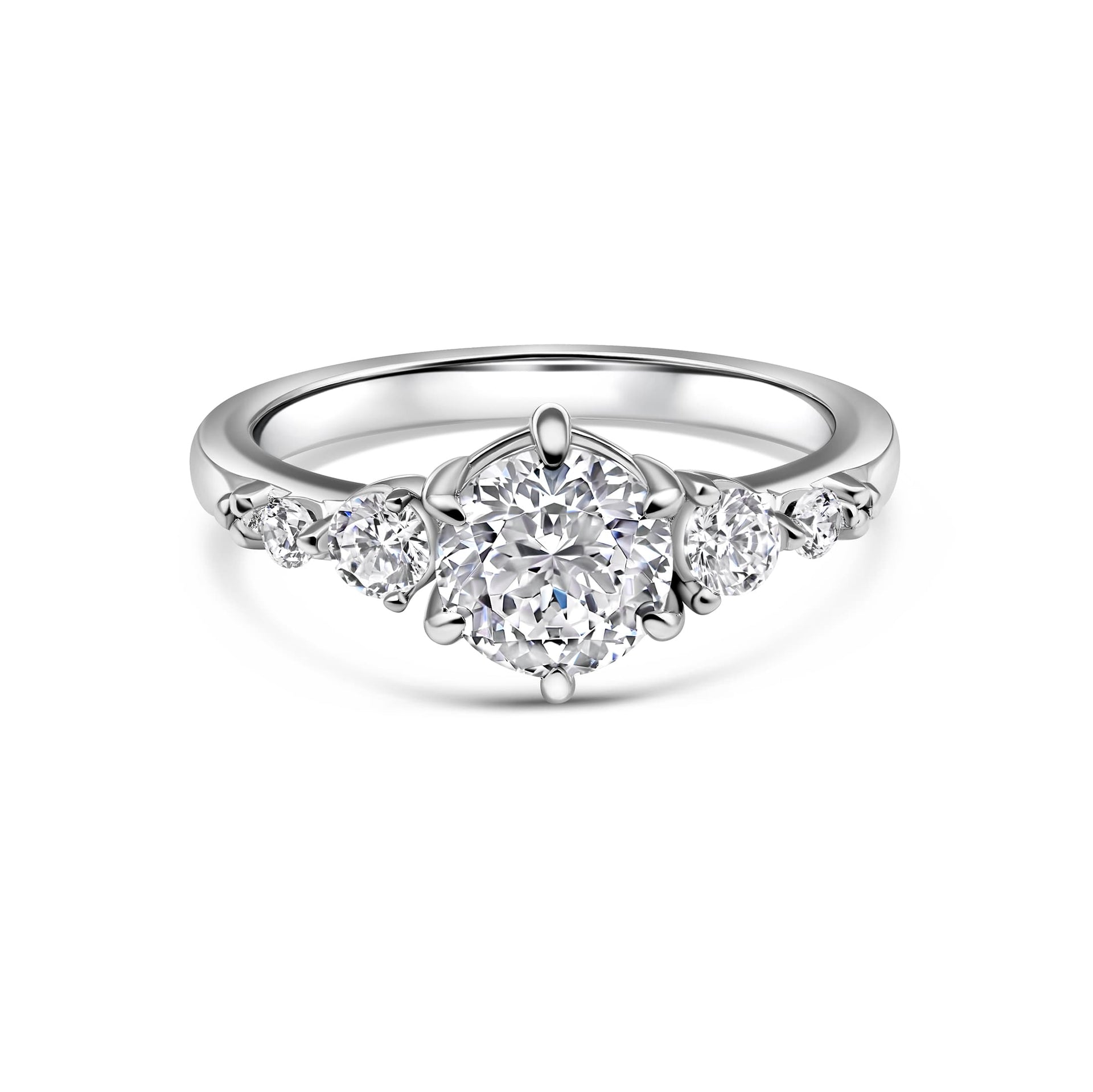 stunning silver round cut engagement ring on white background