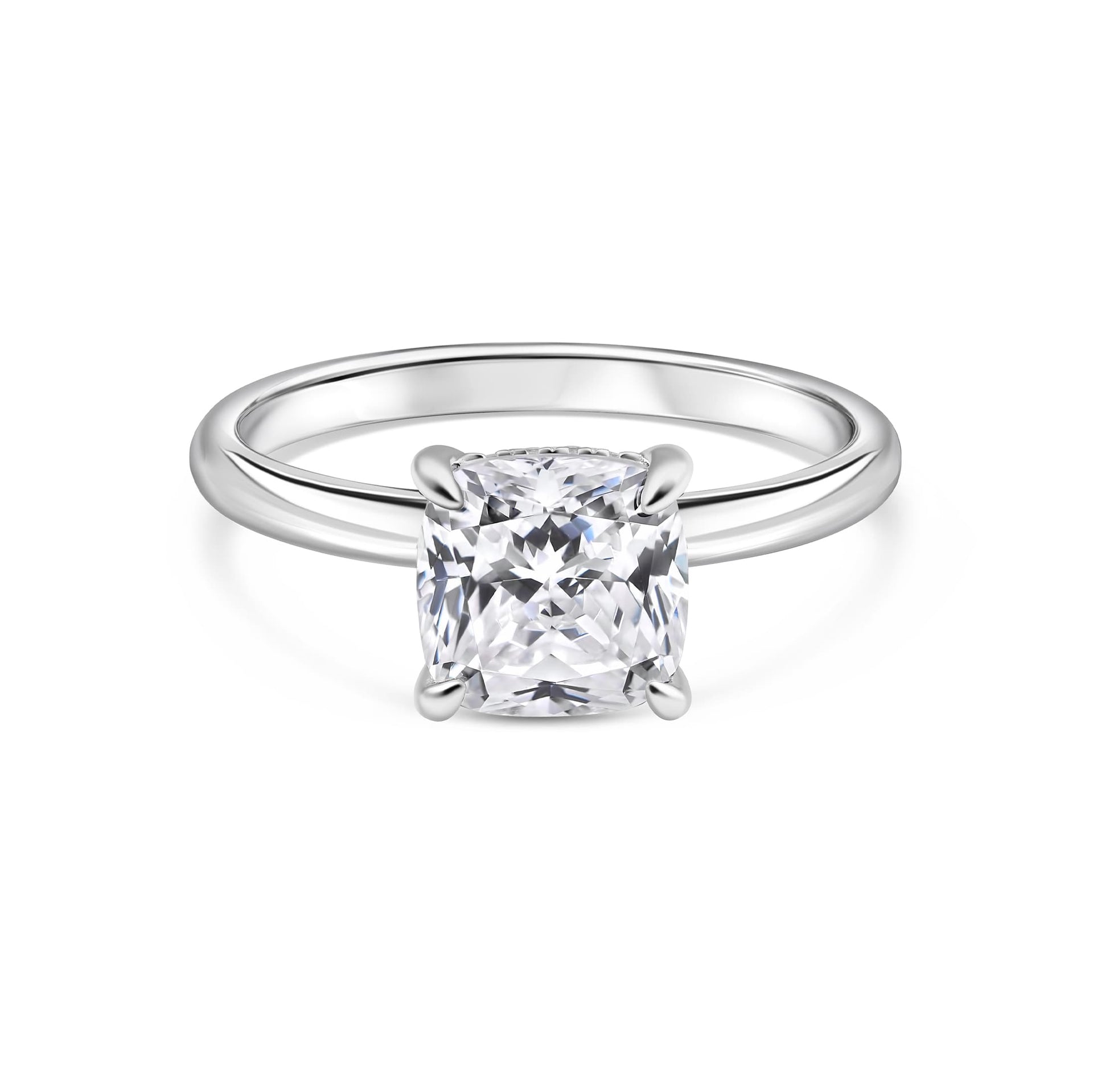 stunning silver cushion cut engagement ring on white background