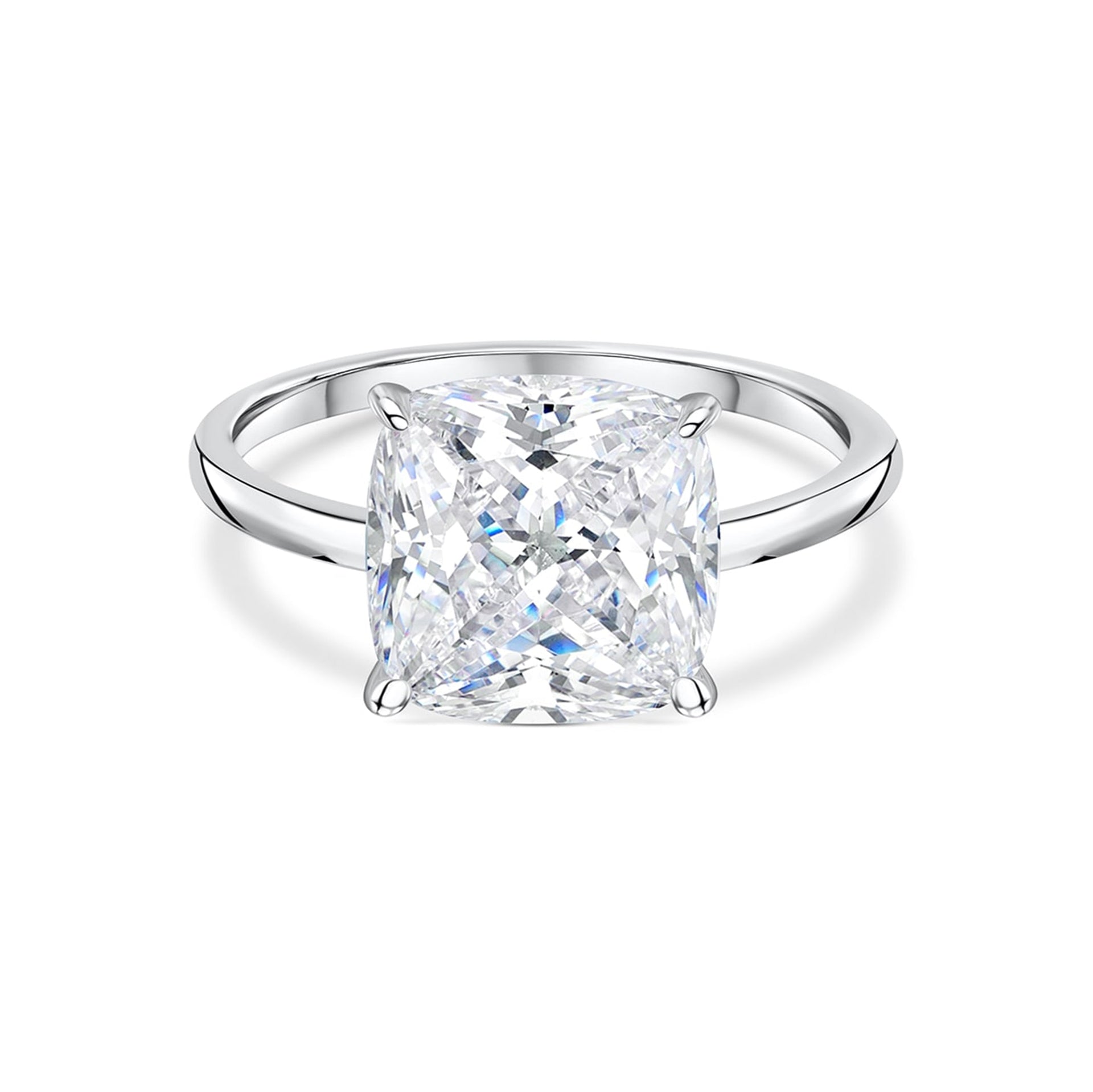 stunning silver cushion cut engagement ring on white background