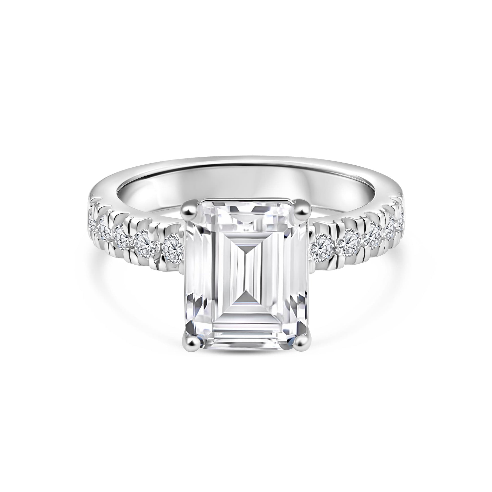 stunning silver emerald cut engagement ring on white background