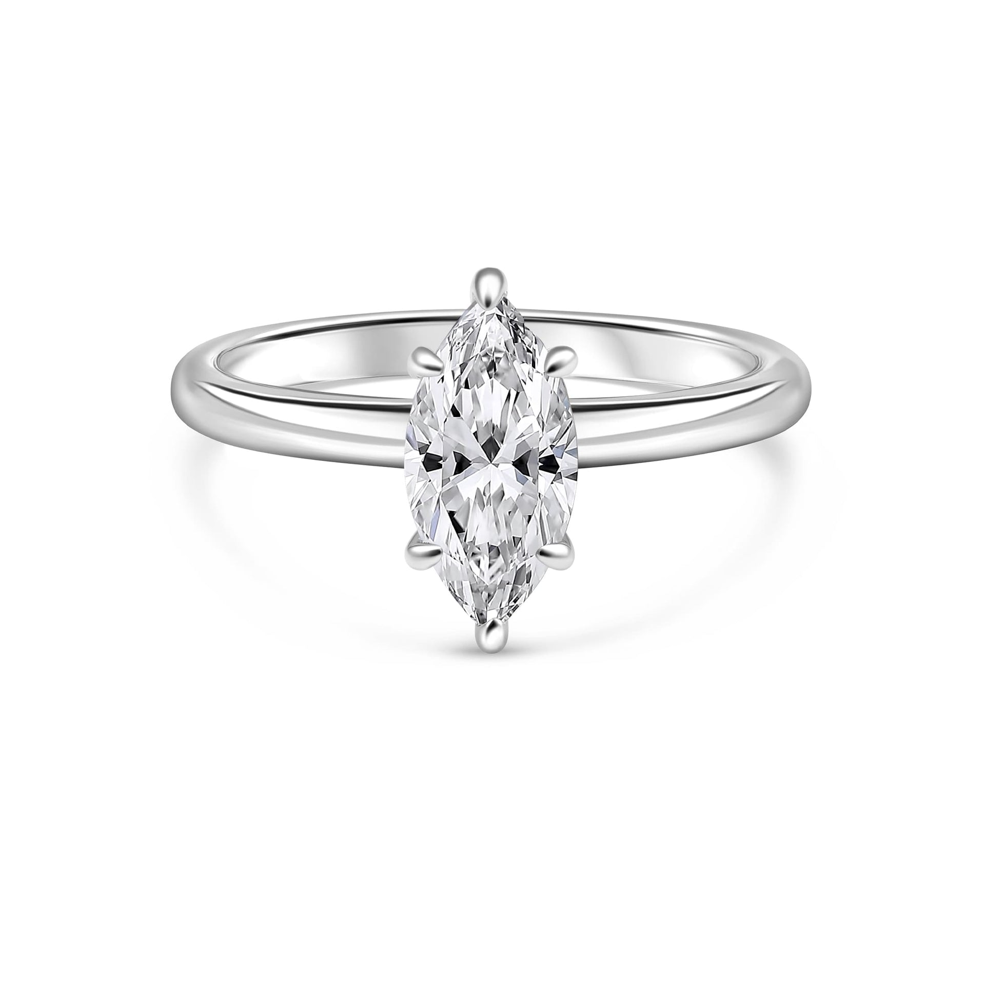 stunning silver marquise cut engagement ring on white background