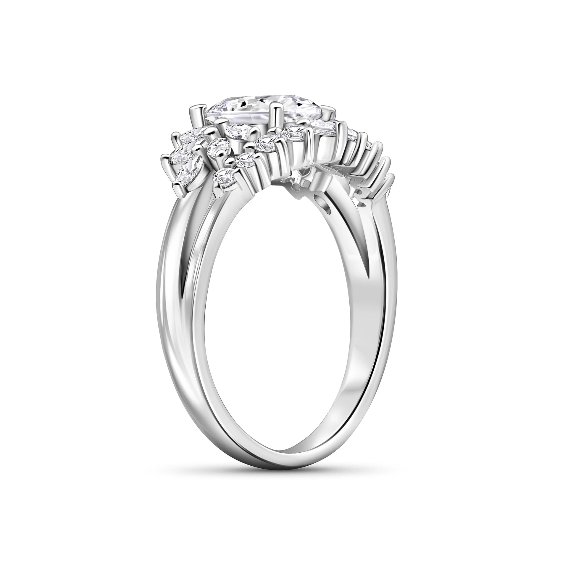 side angle of silver wedding ring shown on white background