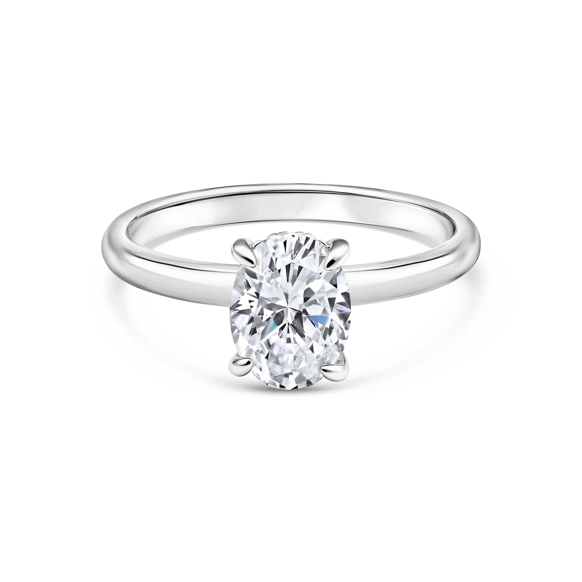 stunning silver oval cut engagement ring on white background