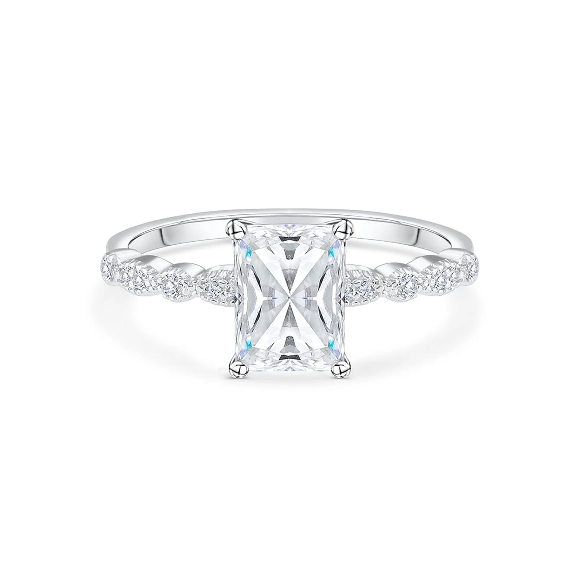 stunning silver radiant cut engagement ring with pave band on white background