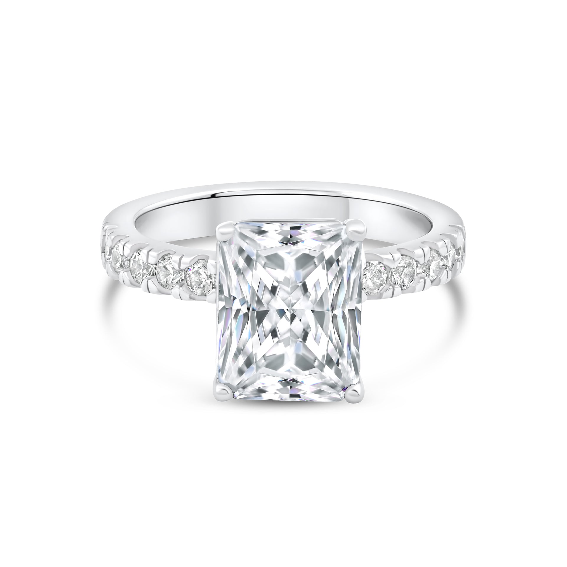 stunning radiant cut engagement ring on white background