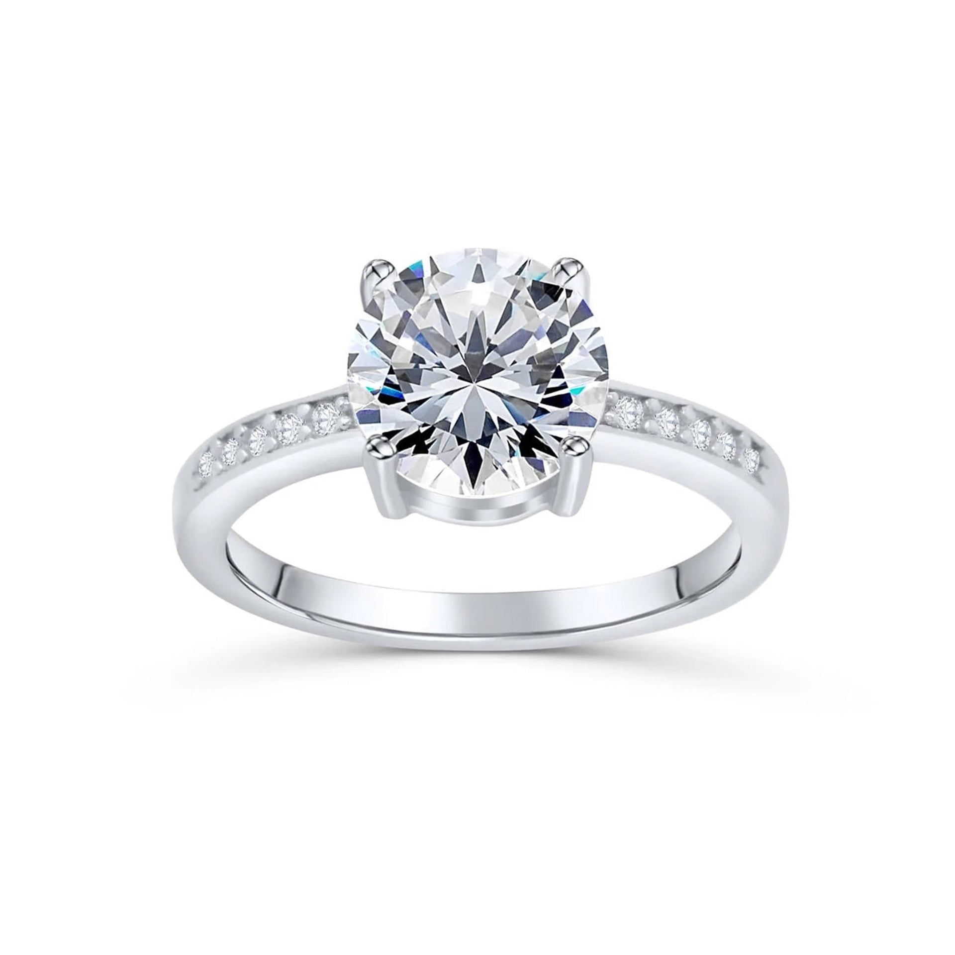 stunning round cut silver engagement ring on white background