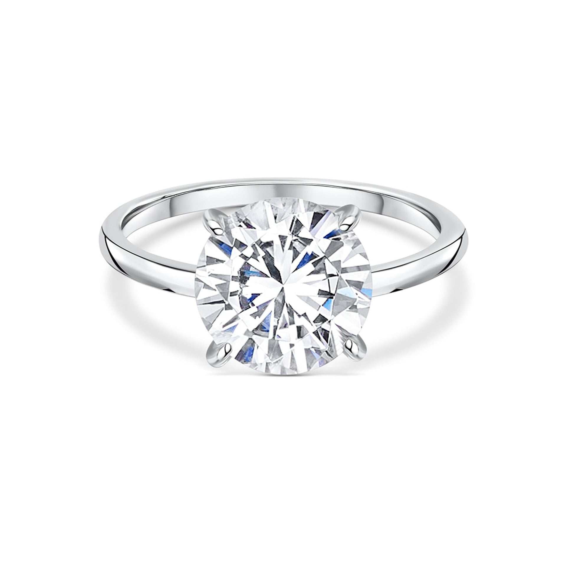 stunning round cut silver solitaire engagement ring on white background