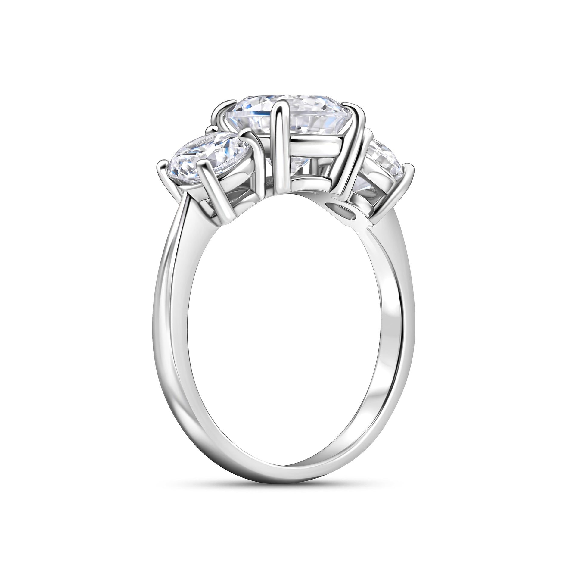 trinity silver round cut engagement ring shown on white
