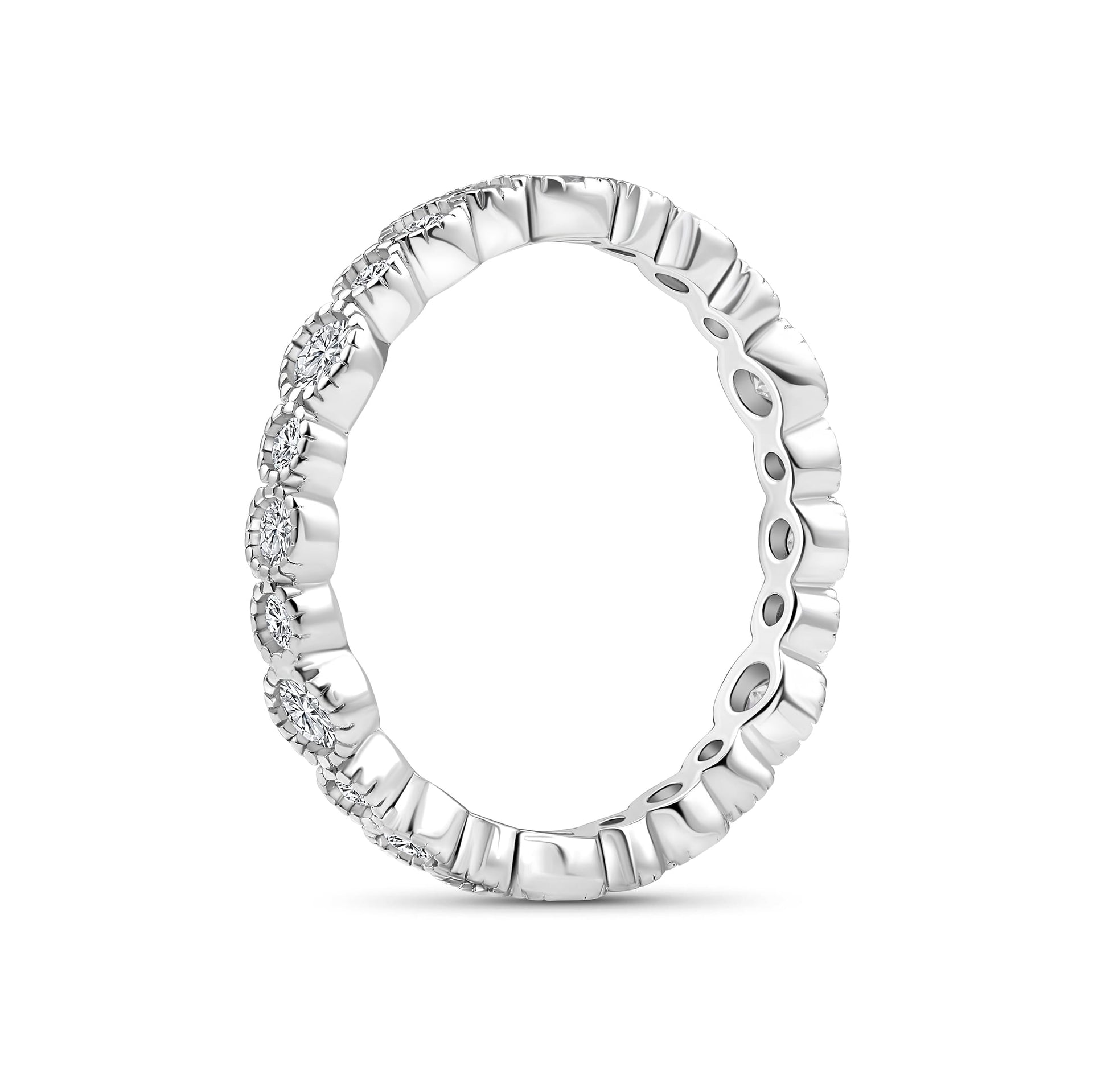 side angle of silver wedding set shown on white background