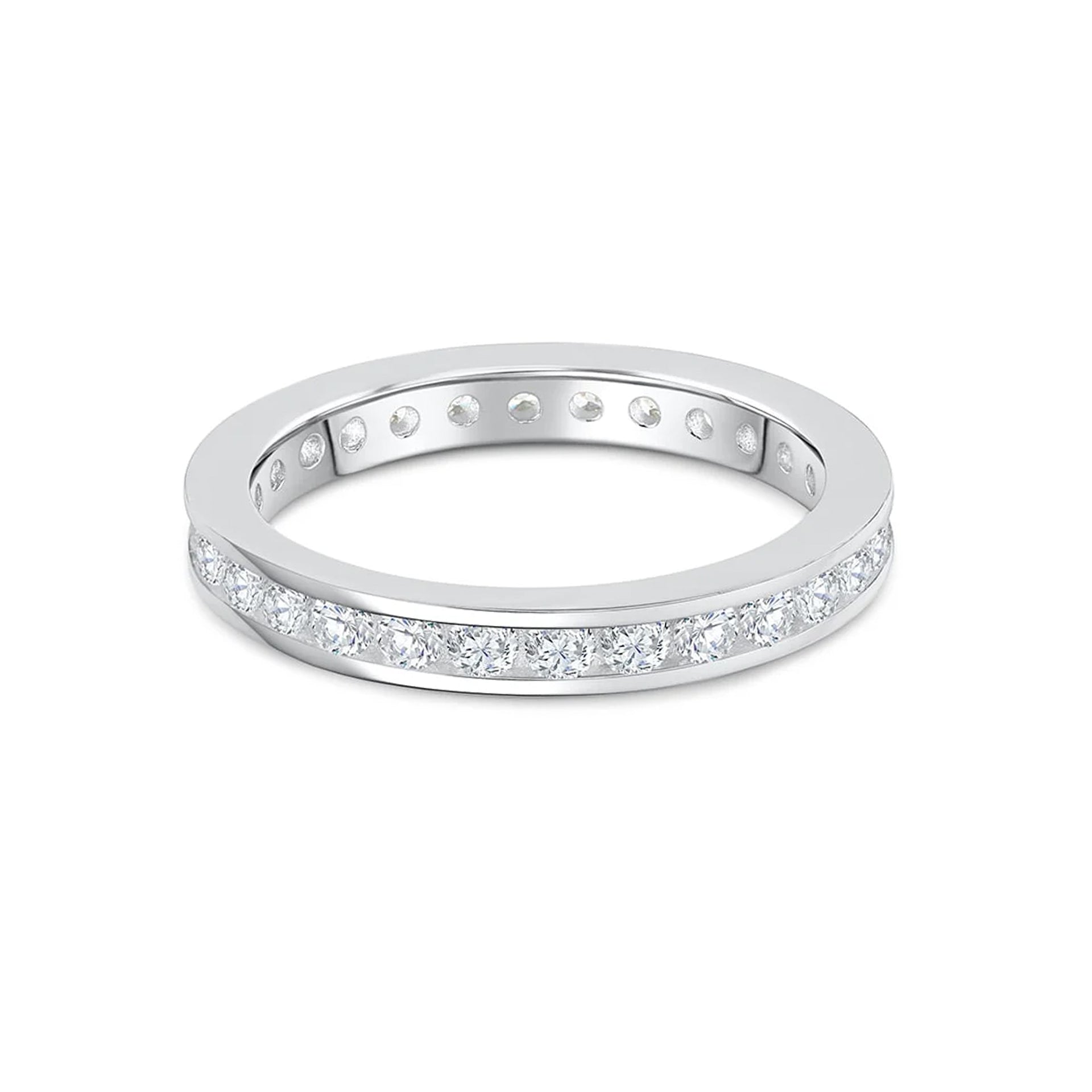 stunning silver eternity wedding band on white background