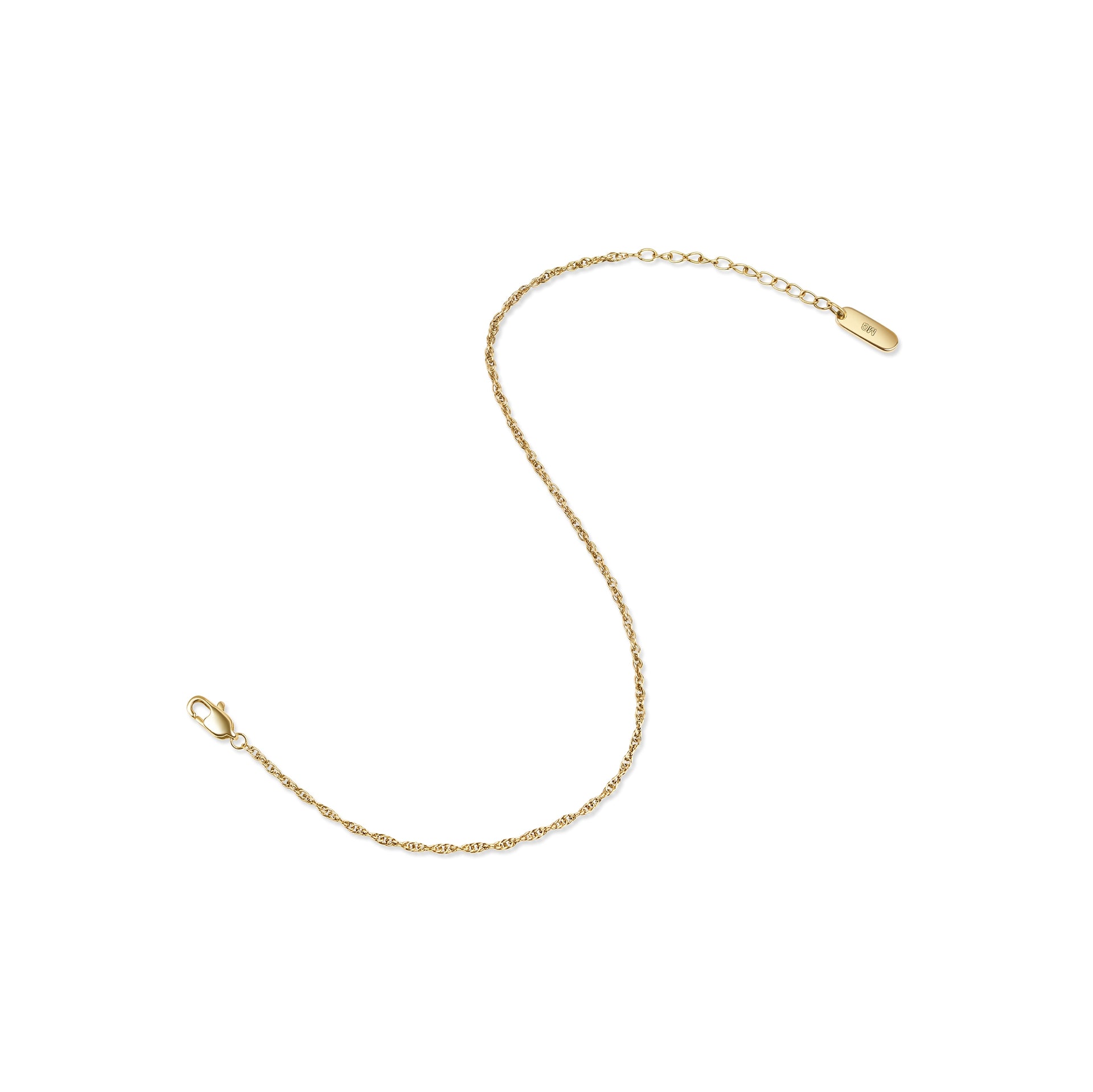 a 14k gold PVD plated stainless steel twisted cable chain bracelet with an extender in an open "S" pose shown on a white background