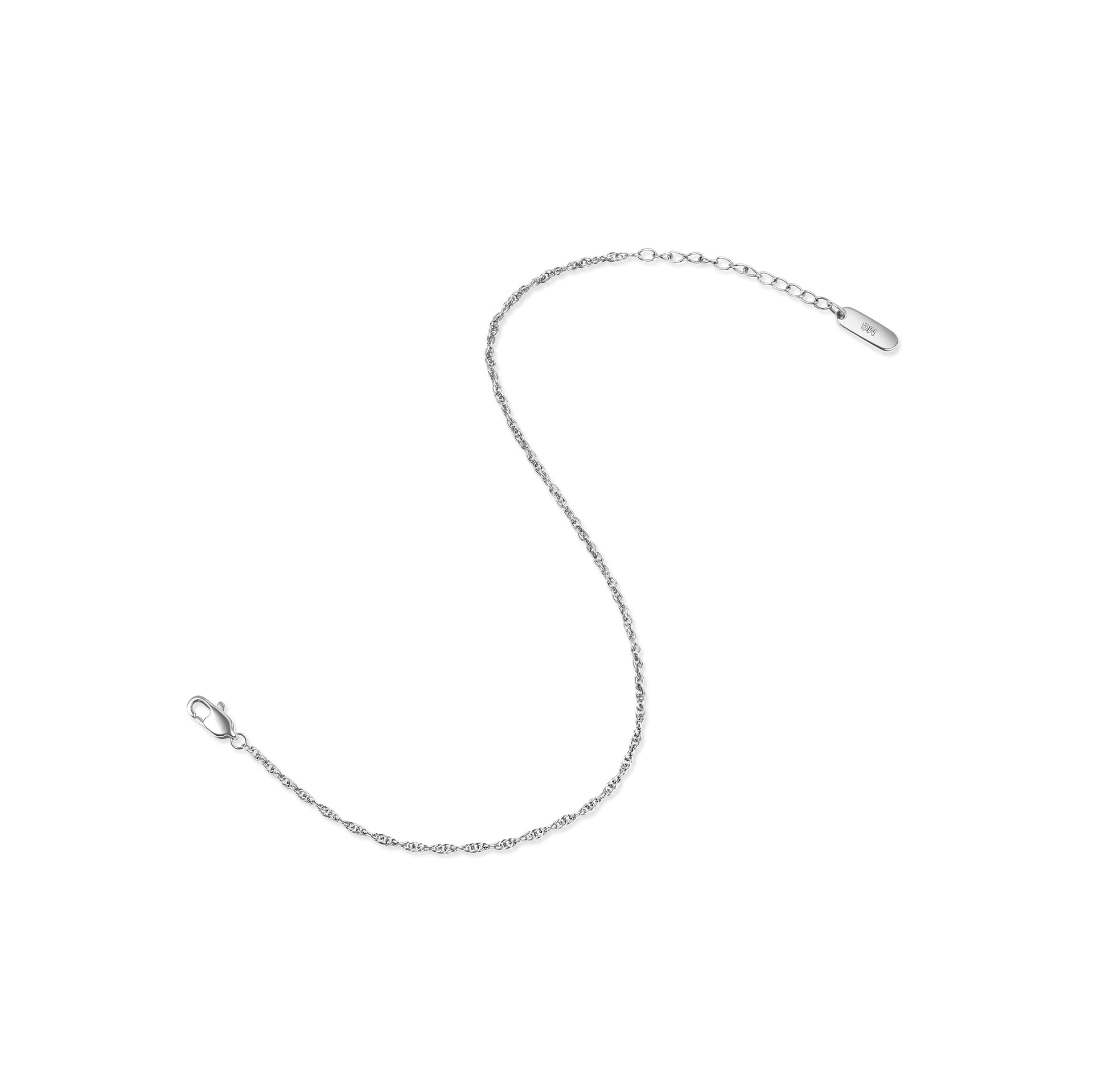 a silver stainless steel twisted cable chain bracelet with an extender in an open "S" pose shown on a white background