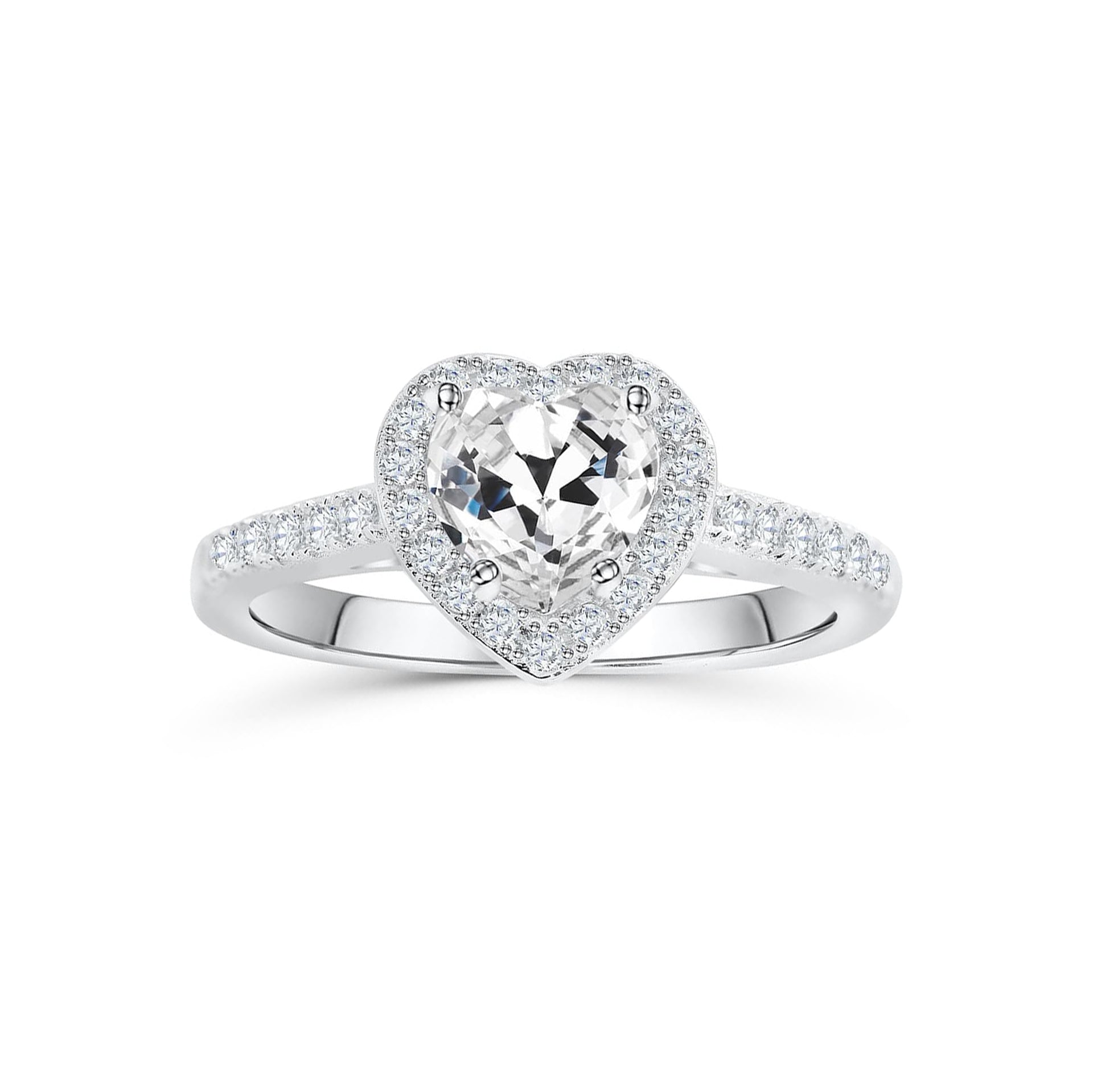 gorgeous heart shaped silver engagement ring on white background