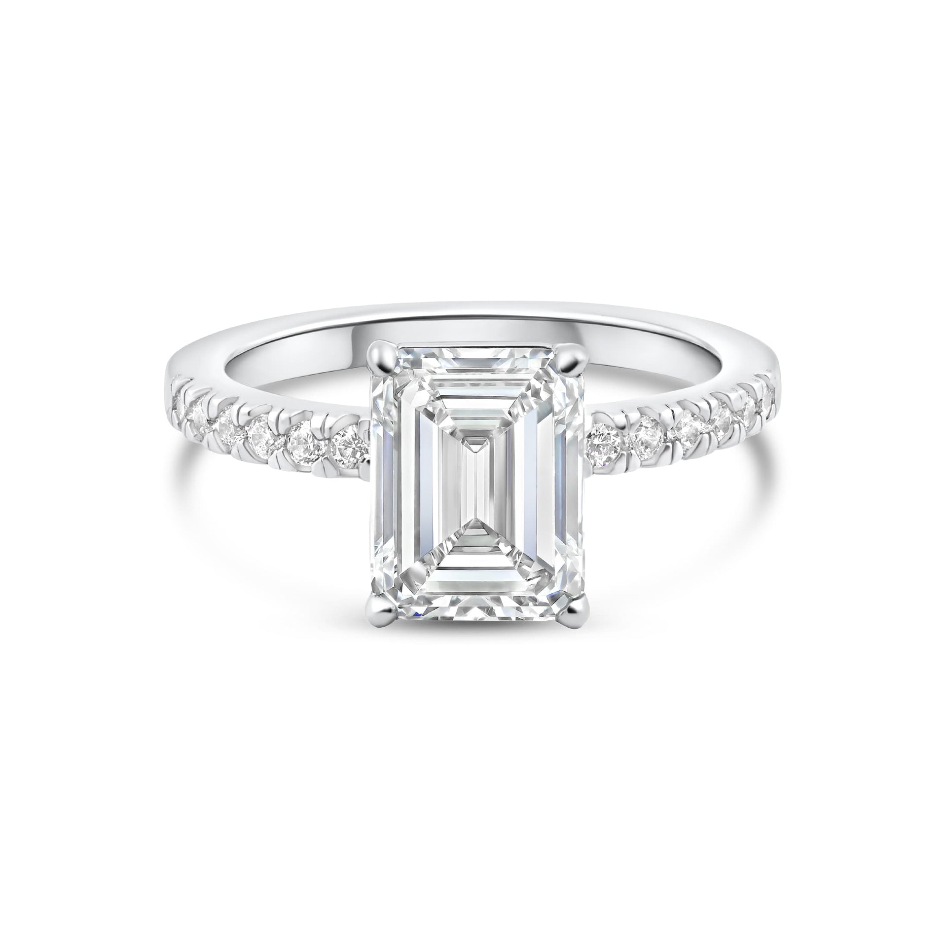 stunning silver emerald cut engagement ring on white background