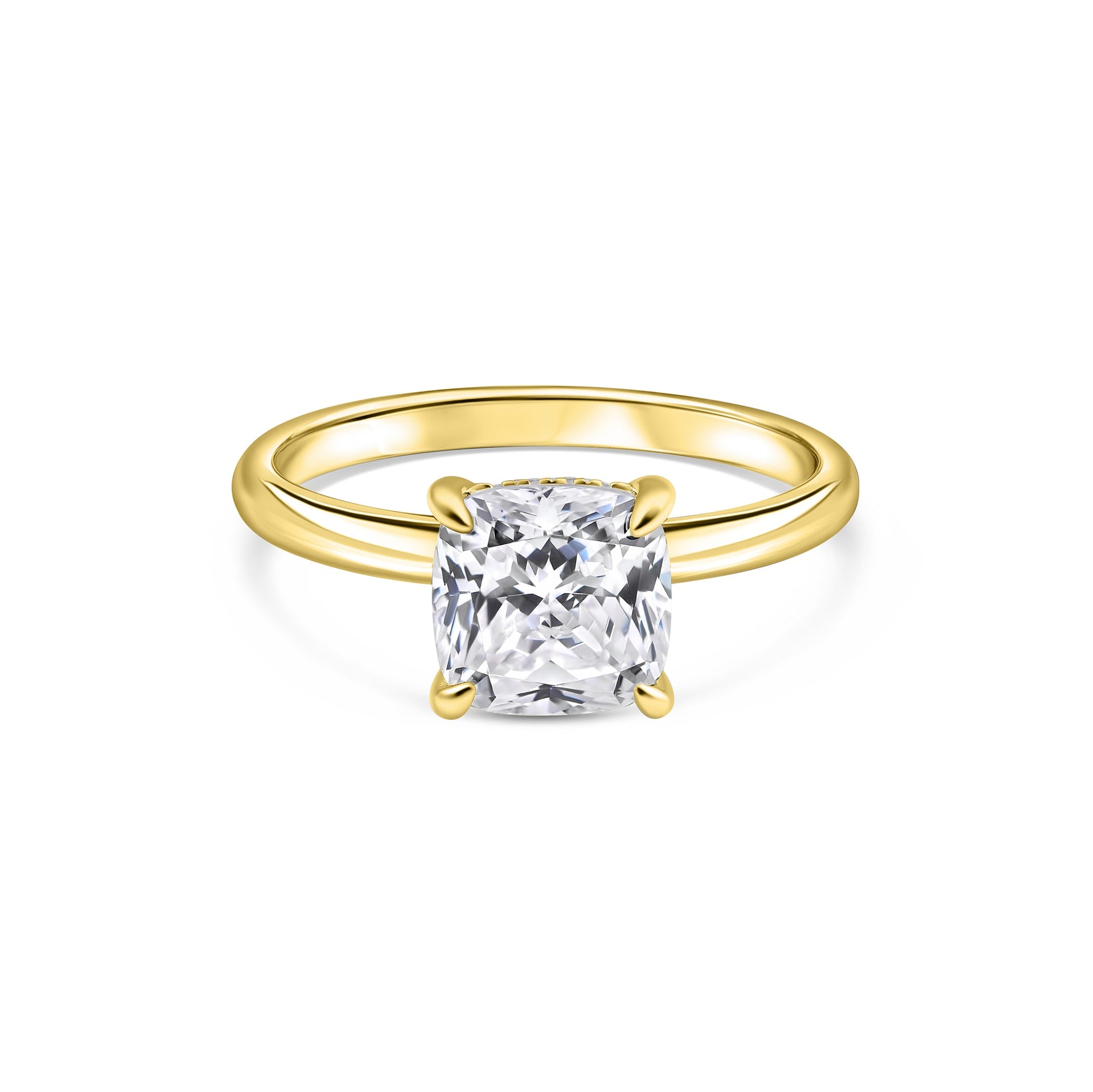 stunning gold 1.5 carat cushion cut solitaire engagement ring with hidden halo detailing