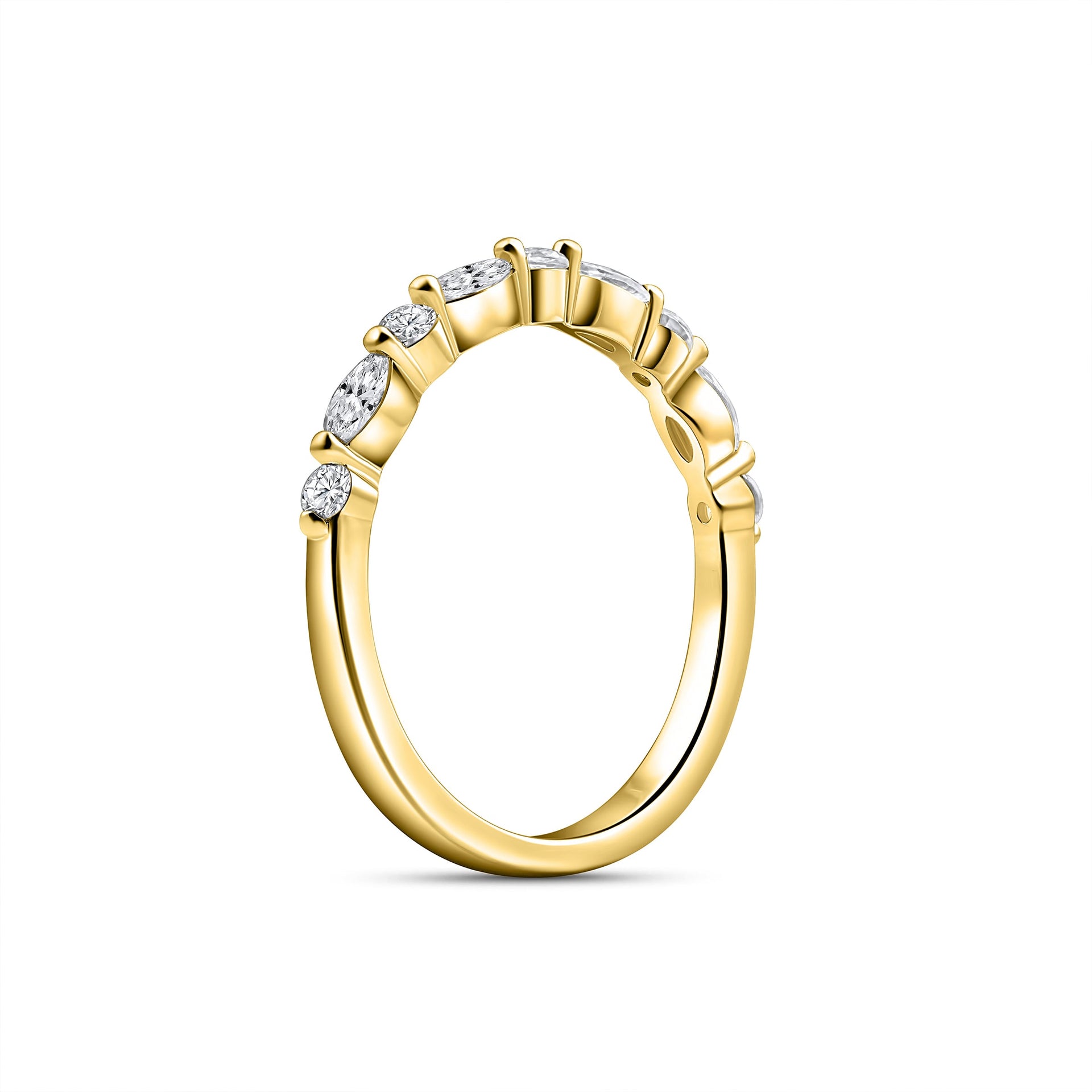 side angle of gold pave engagement ring on white background