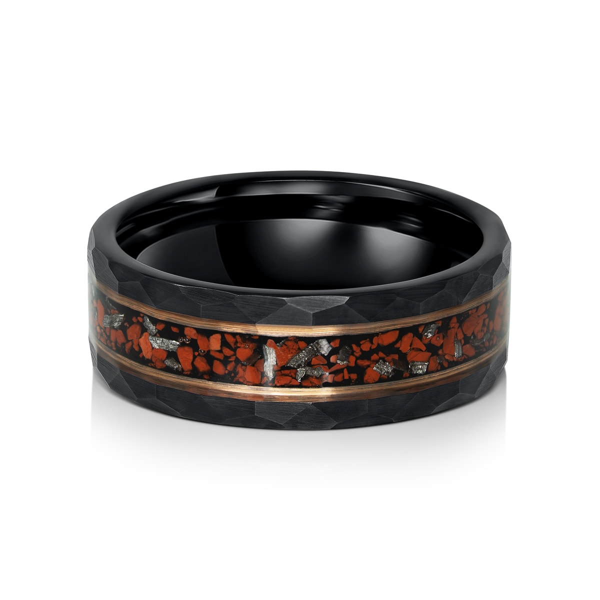 Mens black hammered dinosaur bone inlay ring