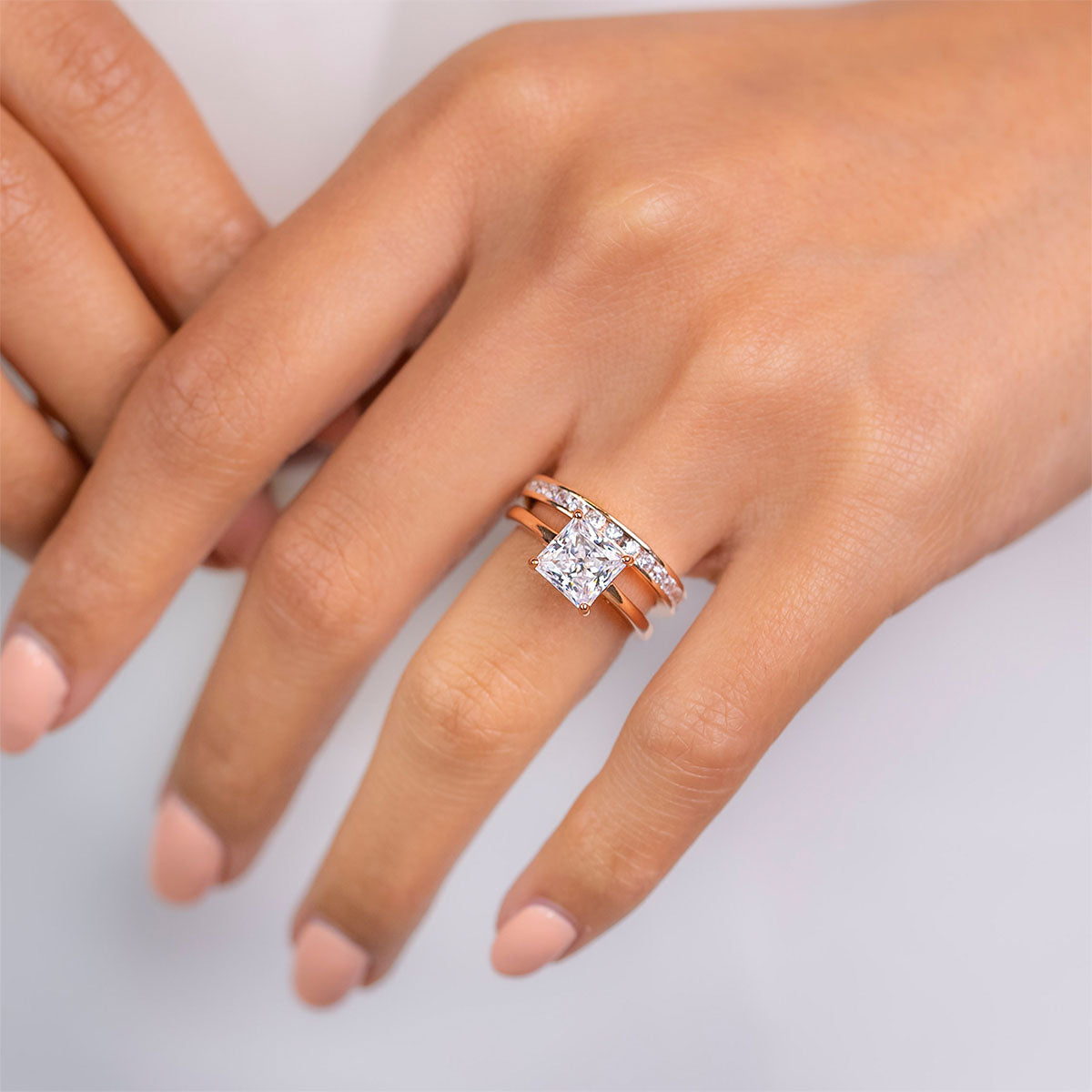 Beautiful rose gold wedding band on hand