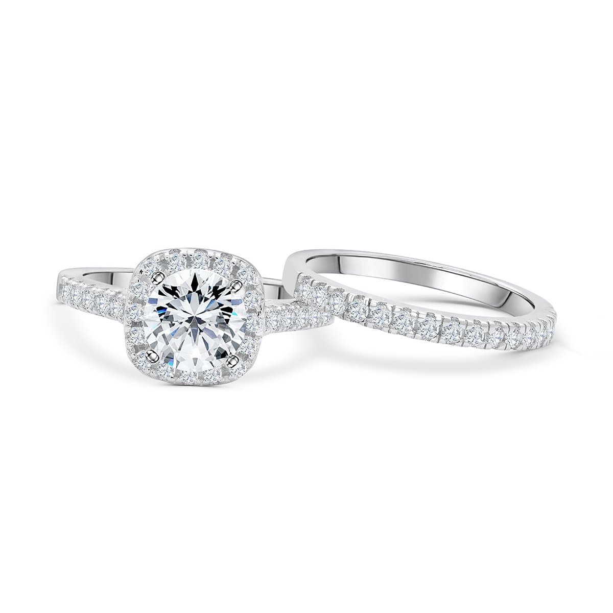 halo silver cushion cut wedding ring set