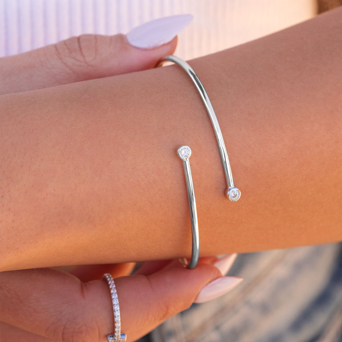 Classy silver bangle bracelet on wrist