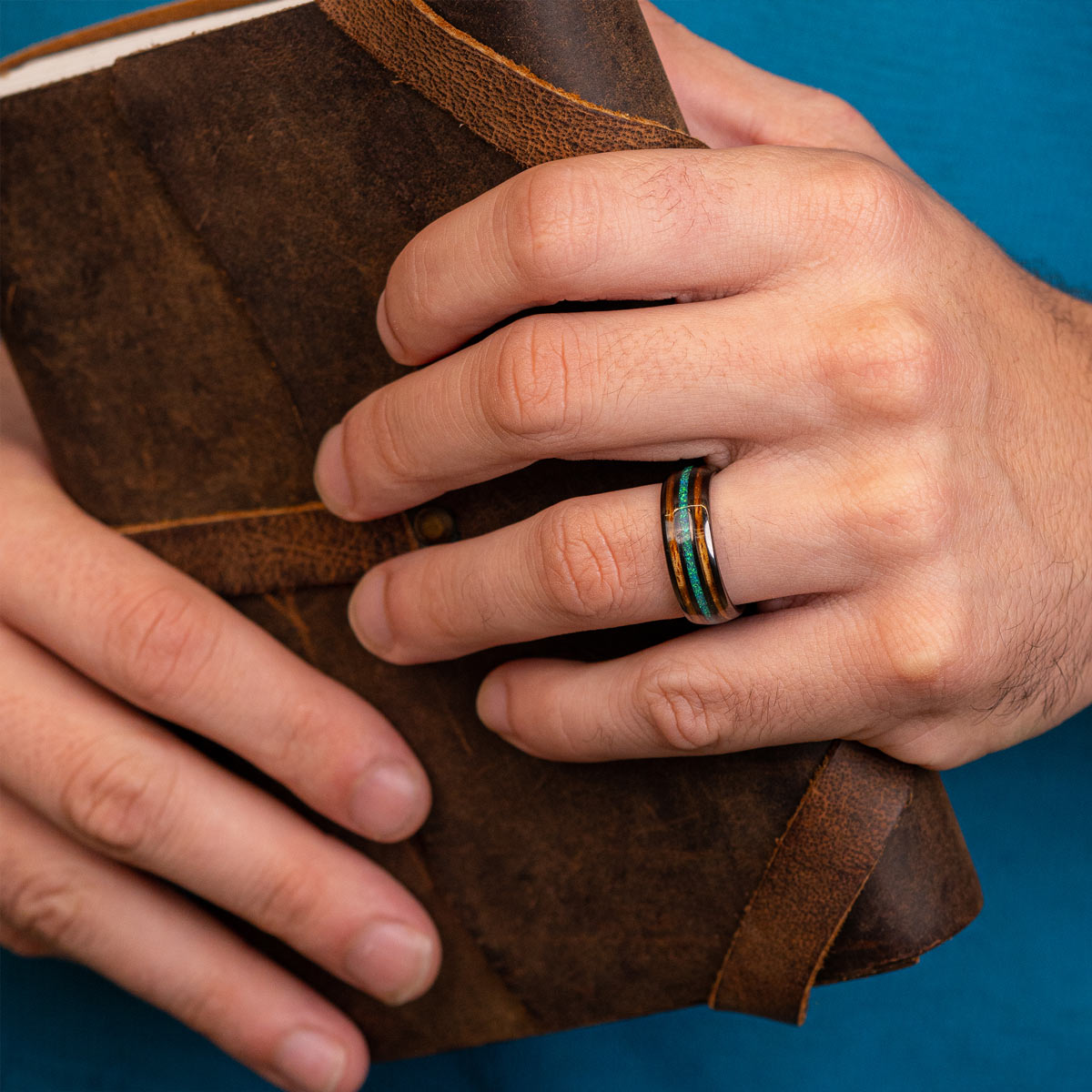 Tungsten gunmetal koa wood and opal inlay ring