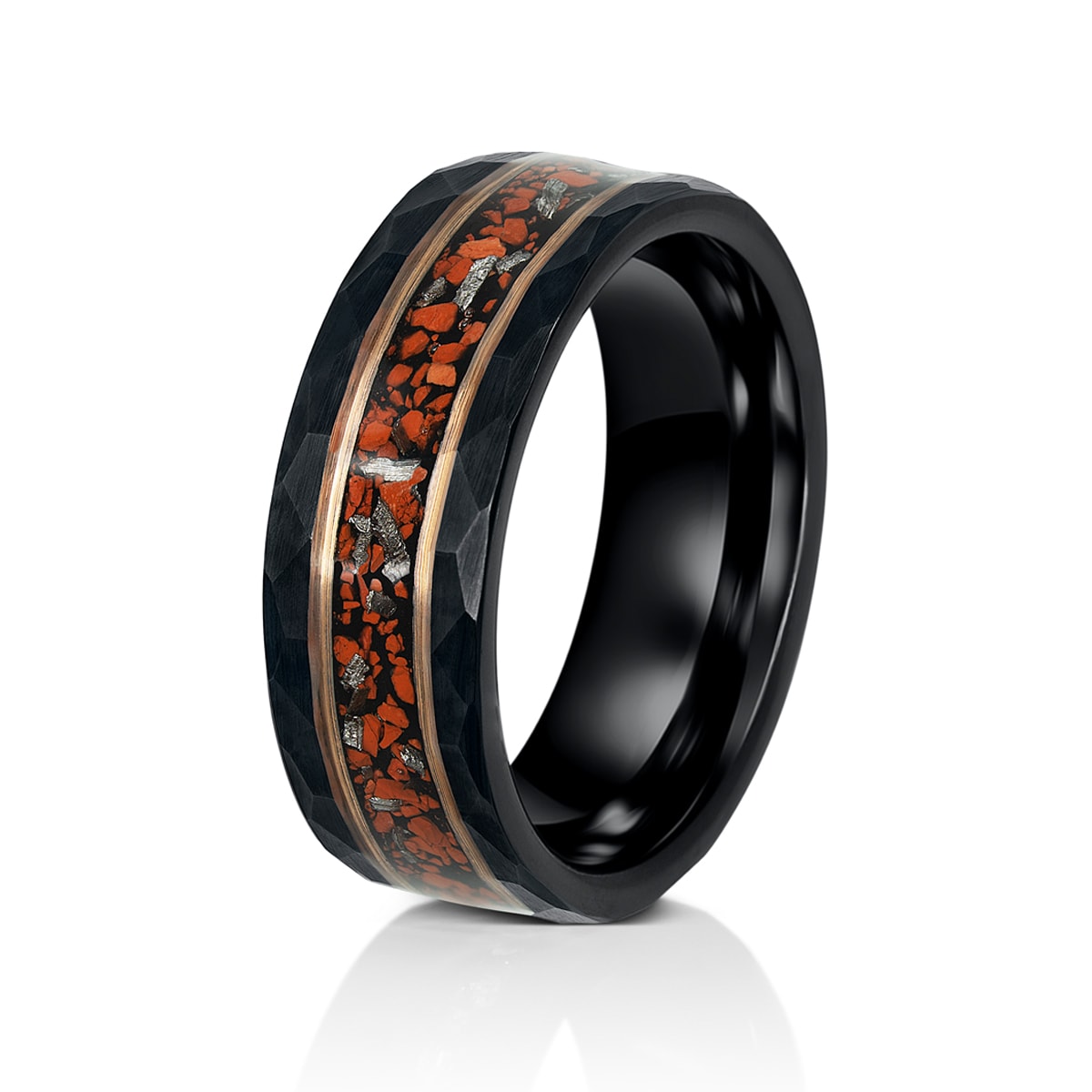 Hammered mens ring with dinosaur bone inlay