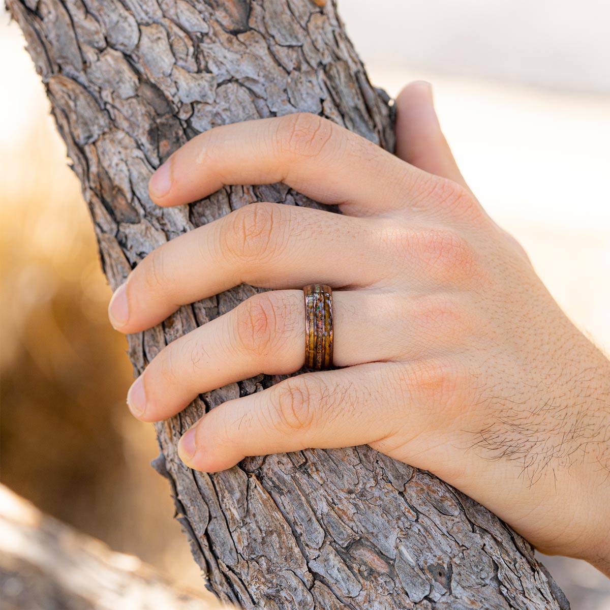 Mens tungsten ring with wood and opal inlay