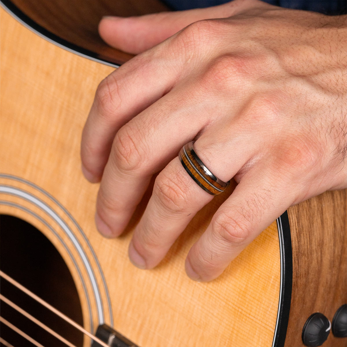 Mens whiskey wood guitar inlay ring