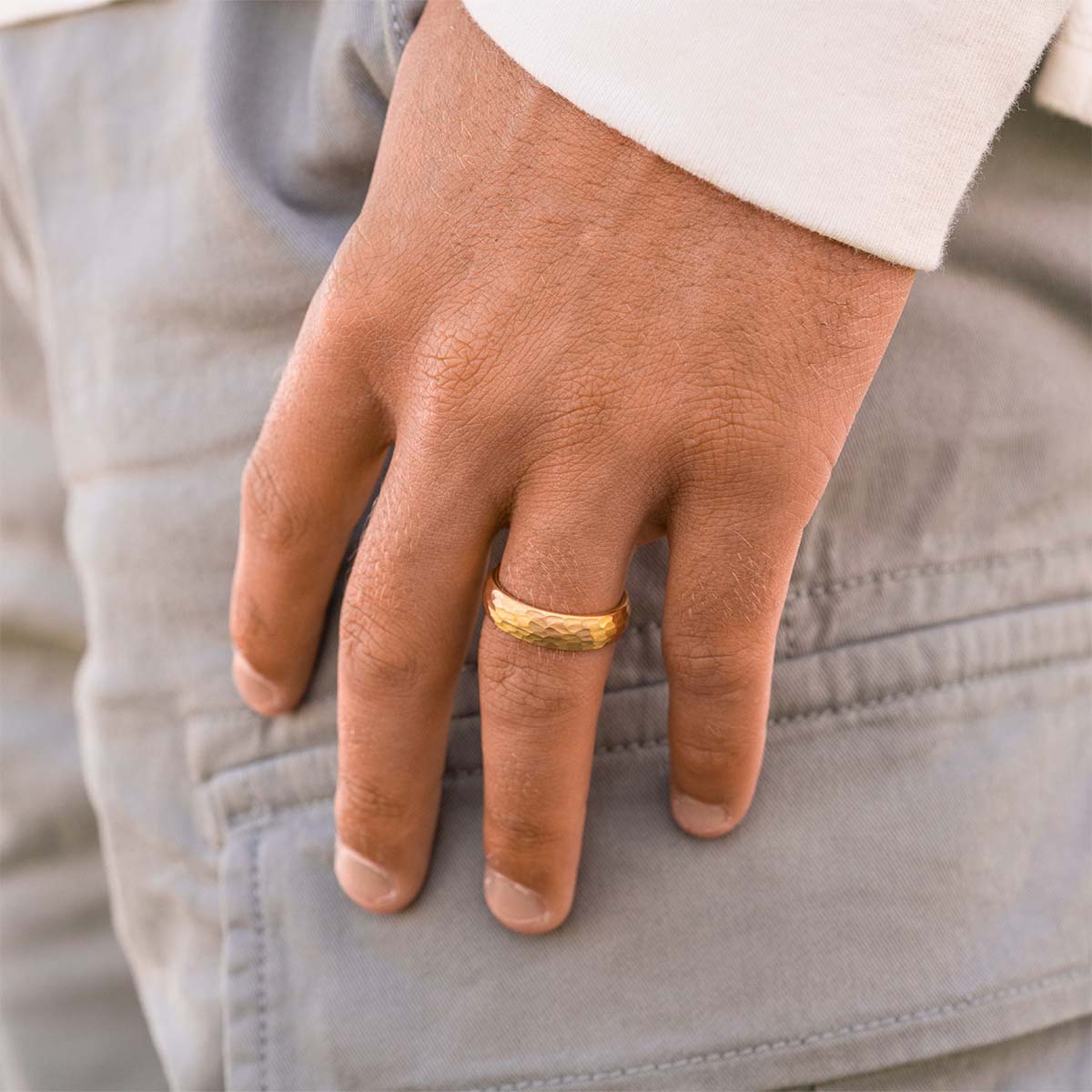 Mens gold plated hammer ring on model