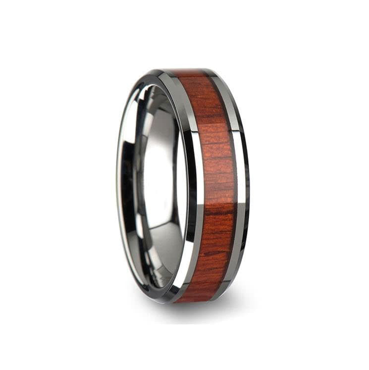 the woodsman steel wedding band with wood inlay