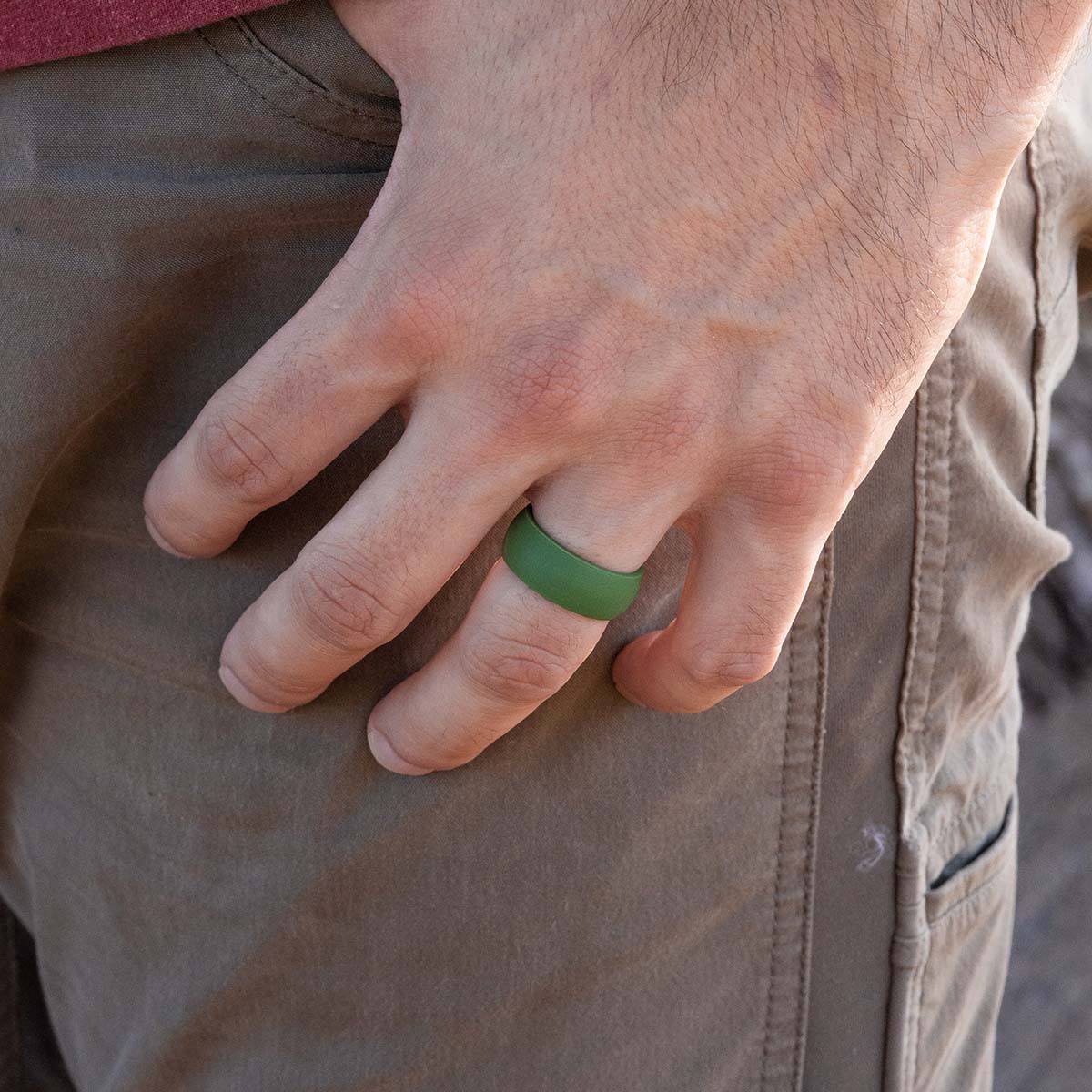 Unique green silicone wedding ring on male hand