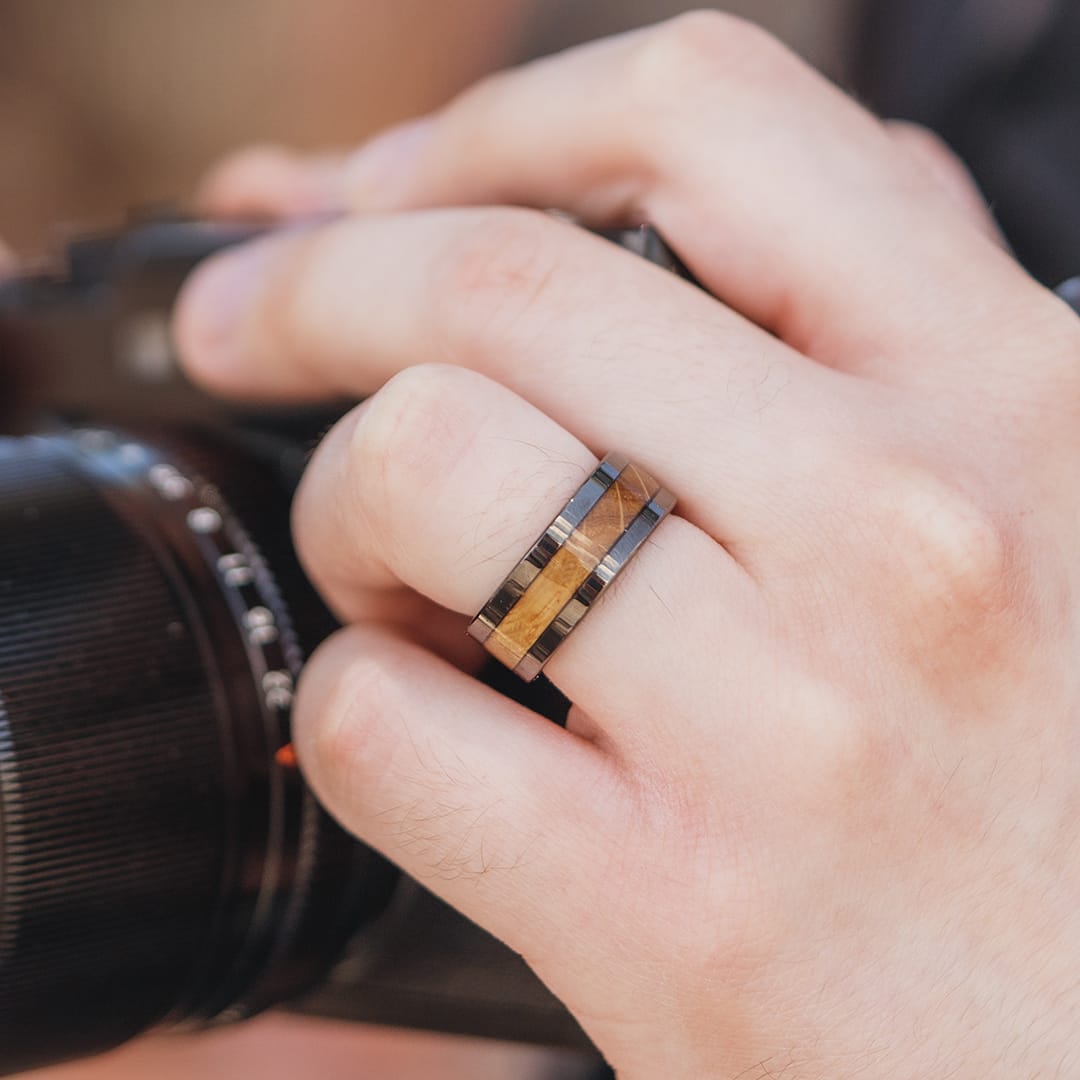 the bourbon whiskey barrel wood inlay wedding ring