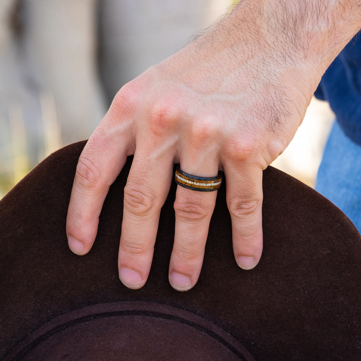 Antler inlay mens black hammered ring