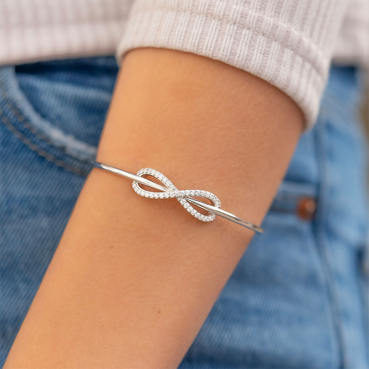 Bridal silver bangle bracelet on wrist