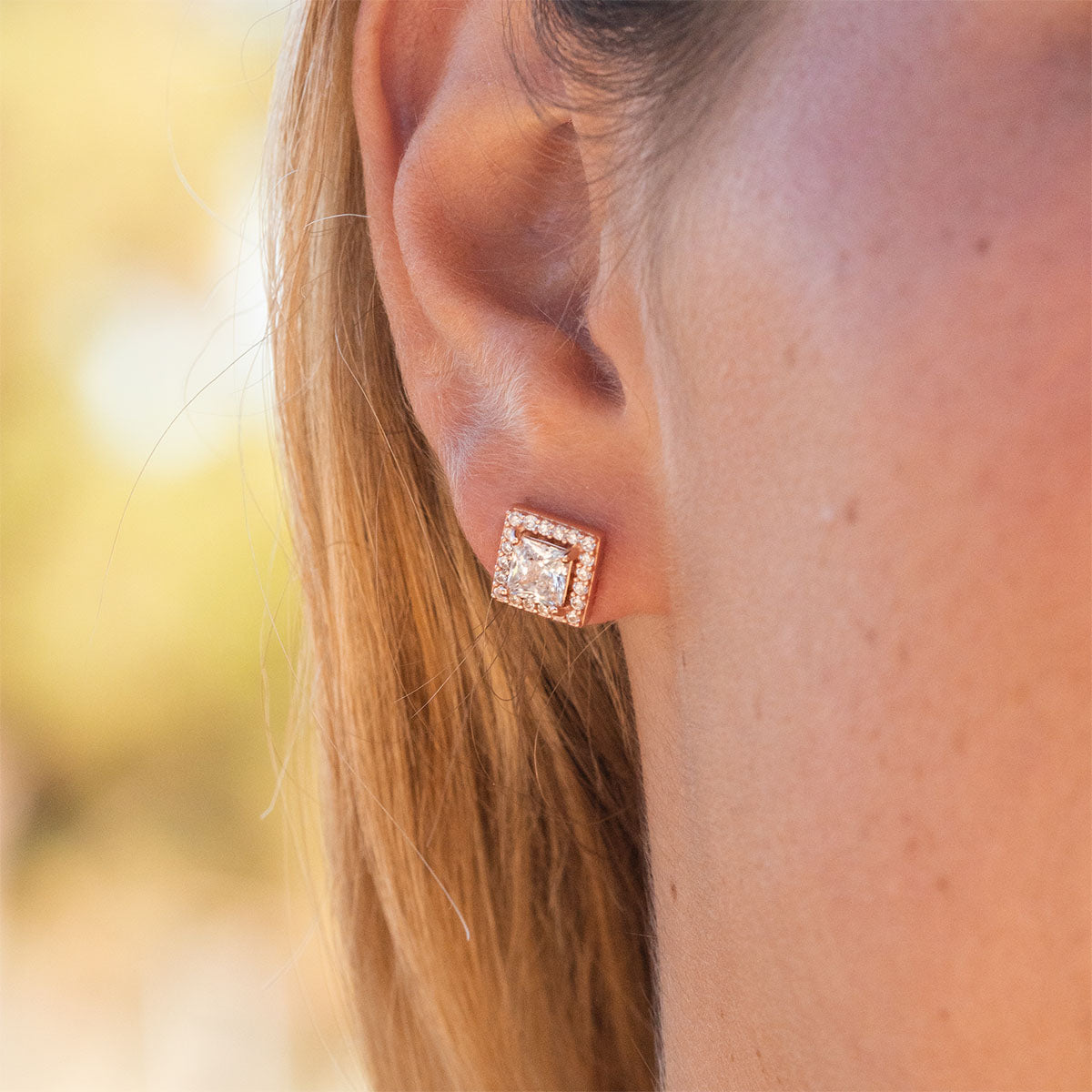 princess cut halo rose gold earrings