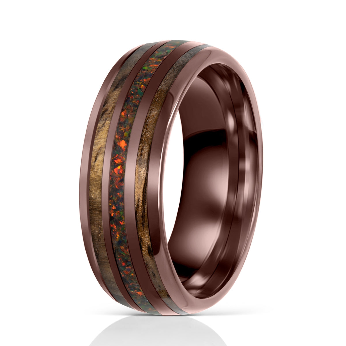 Mens tungsten ring with wood and opal inlay