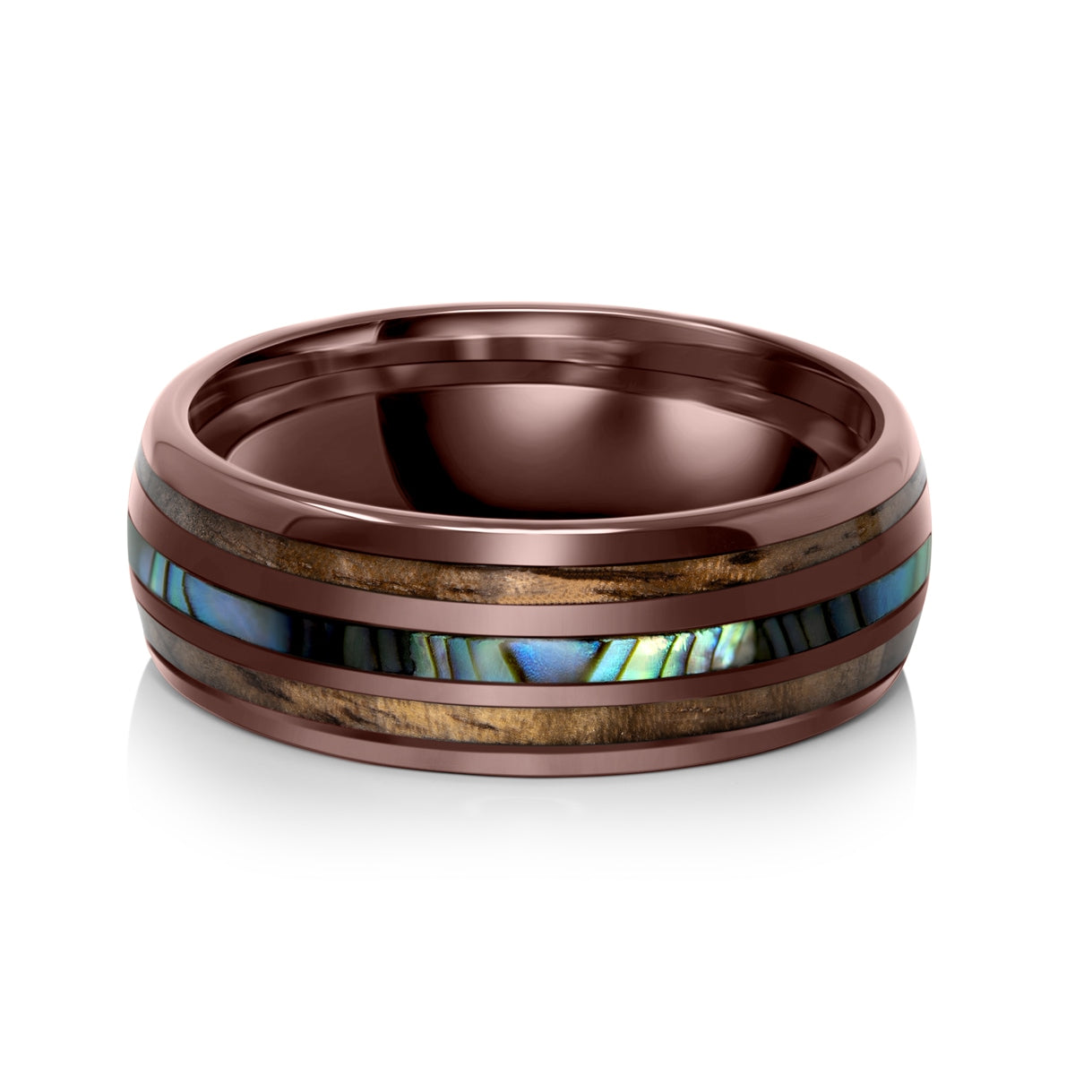 Mens ring with koa wood and abalone shell inlay