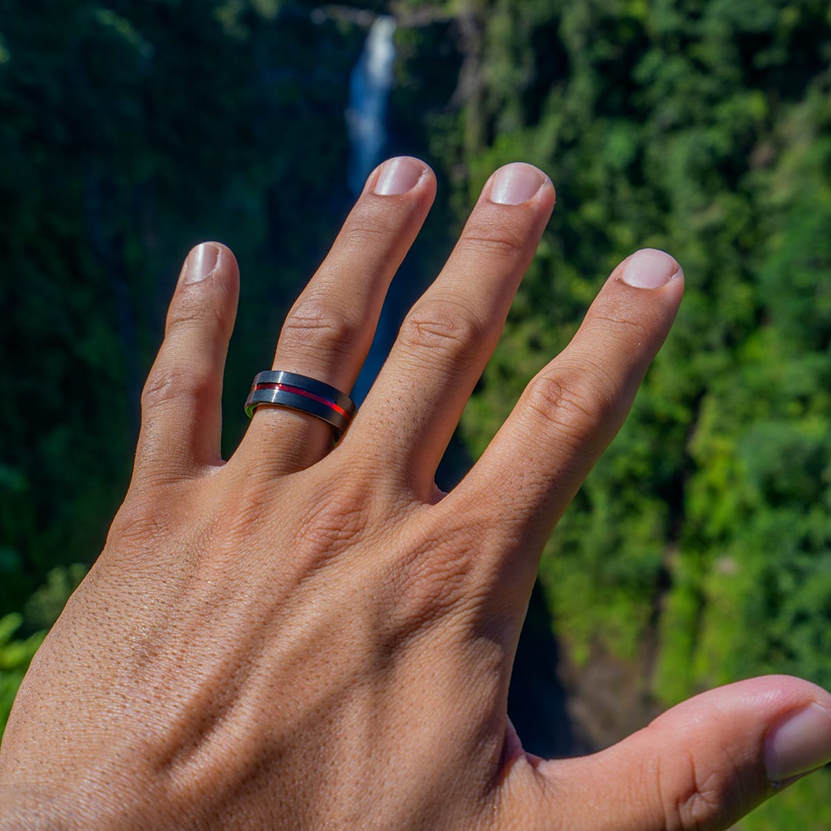 the inferno mens black and red tungsten ring